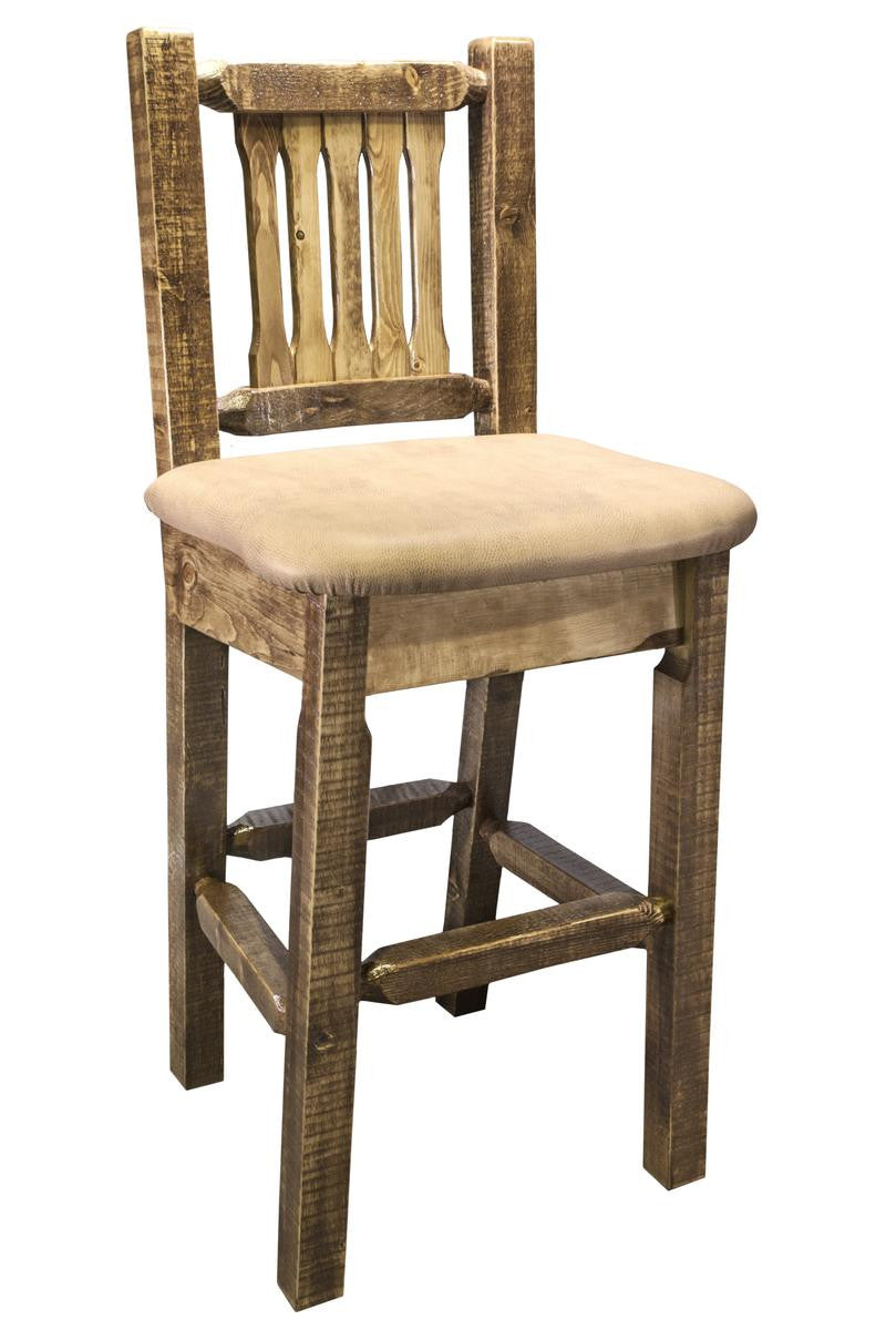 Montana Woodworks Homestead Collection Wood Barstool w/ Back w/ Upholstered Seat, Buckskin Pattern