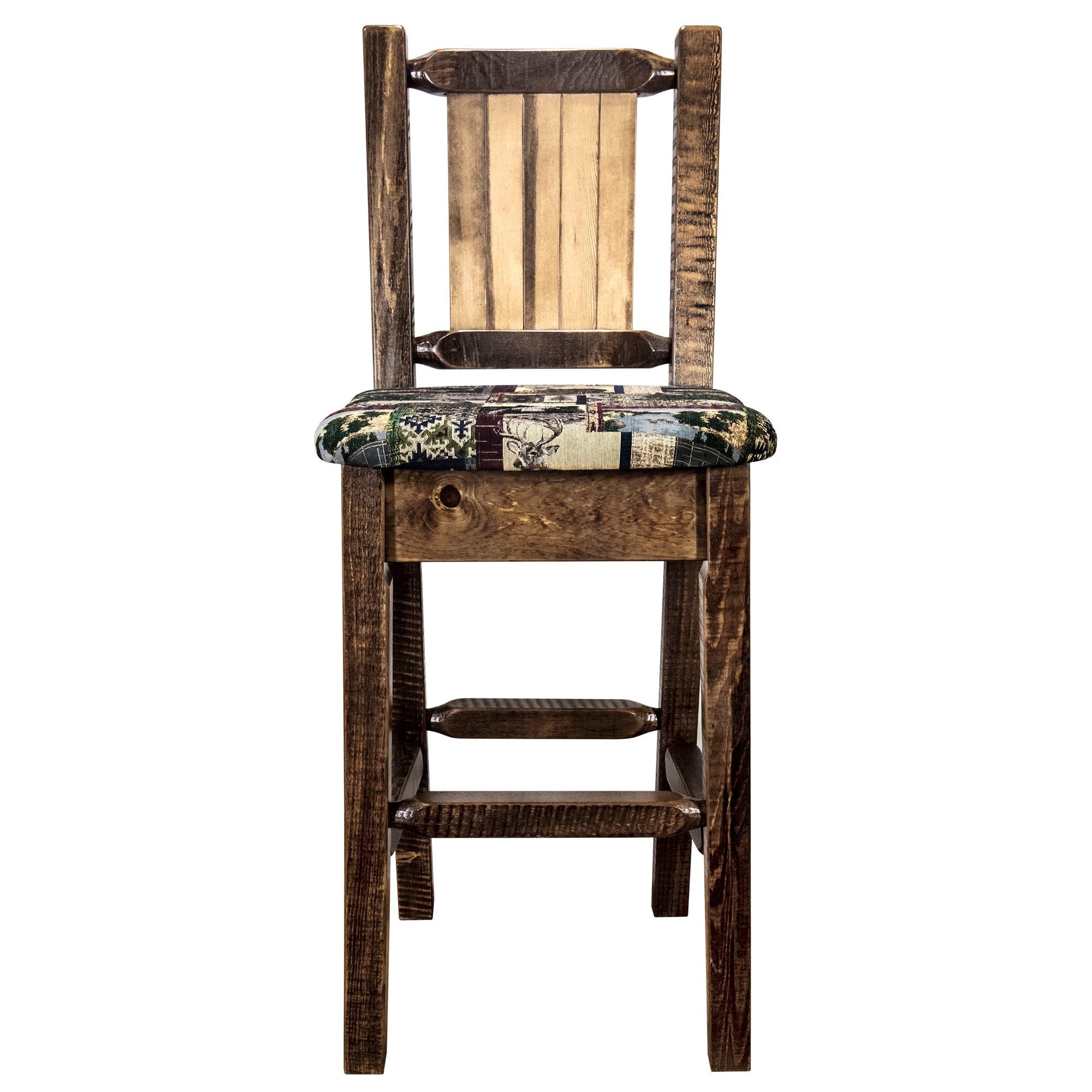 Montana Woodworks Homestead Collection Barstool w/ Back - Woodland Upholstery, w/ Laser Engraved Stain & Lacquer Finish