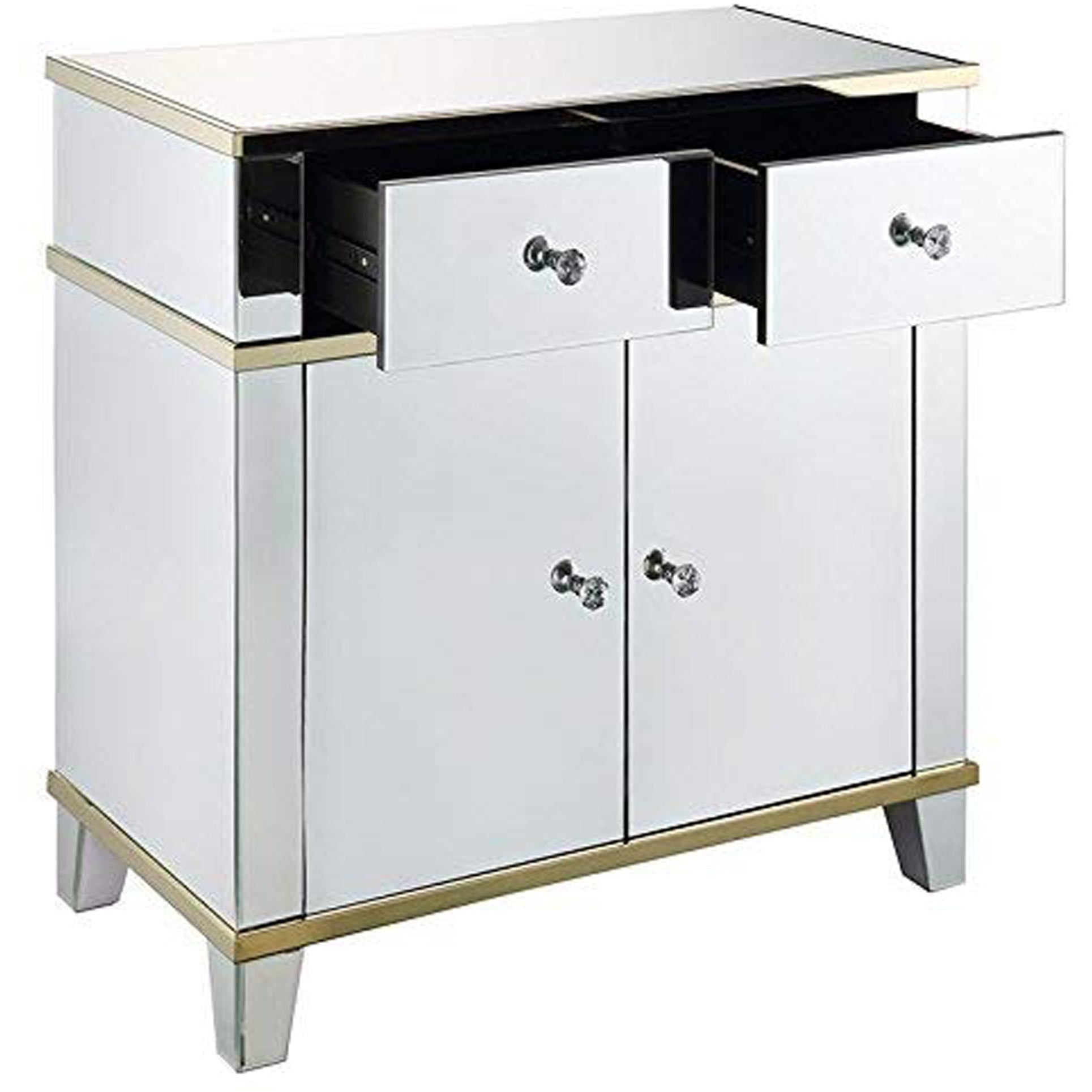 Benzara BM184774 31.89" 2 Drawer Mirrored Console Table with Golden Trim Accents