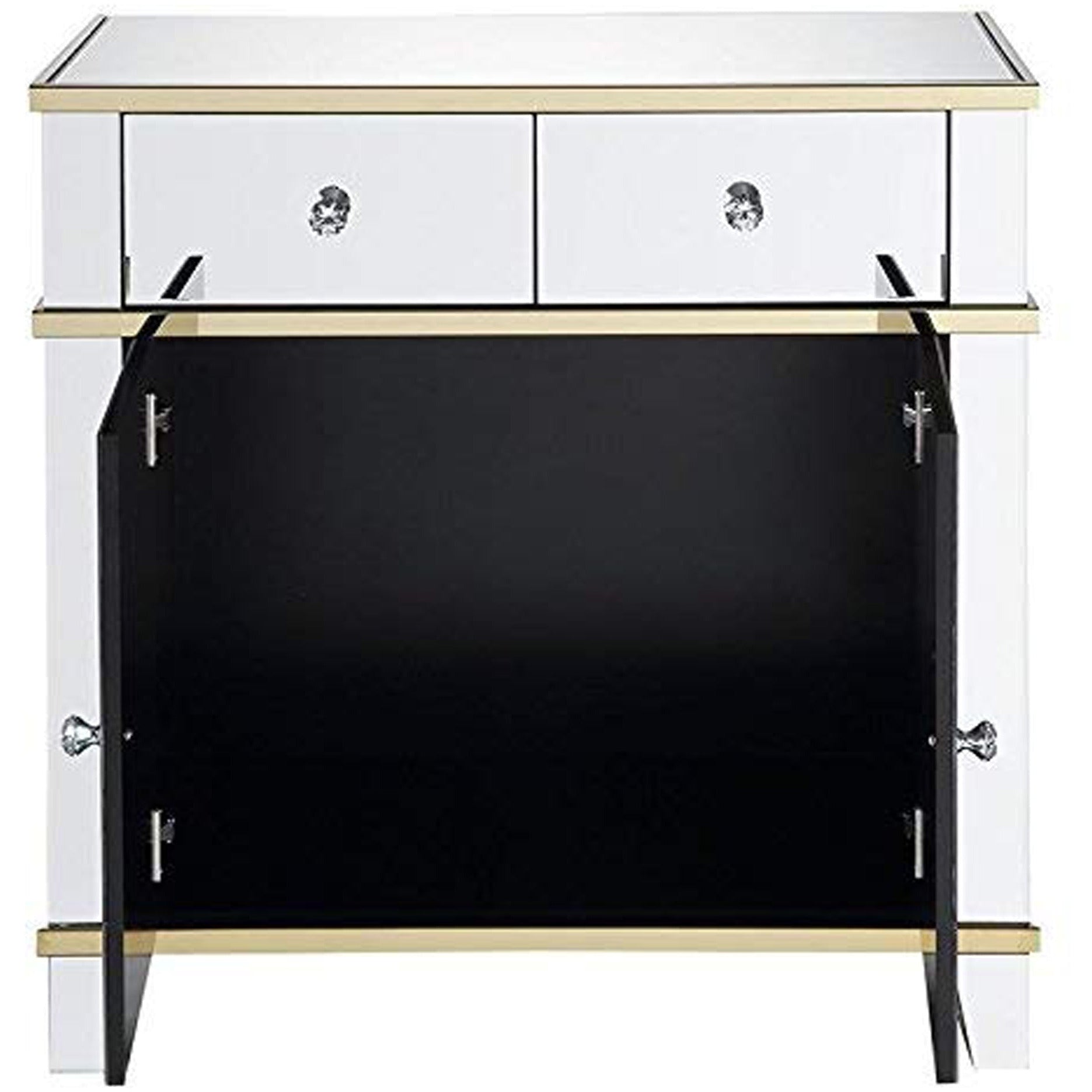 Benzara BM184774 31.89" 2 Drawer Mirrored Console Table with Golden Trim Accents