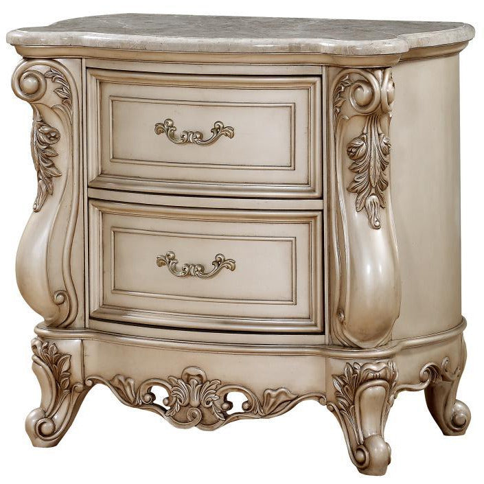 Benzara BM207490 32" 2 Drawer Nightstand with Raised Scrolled Floral Moulding