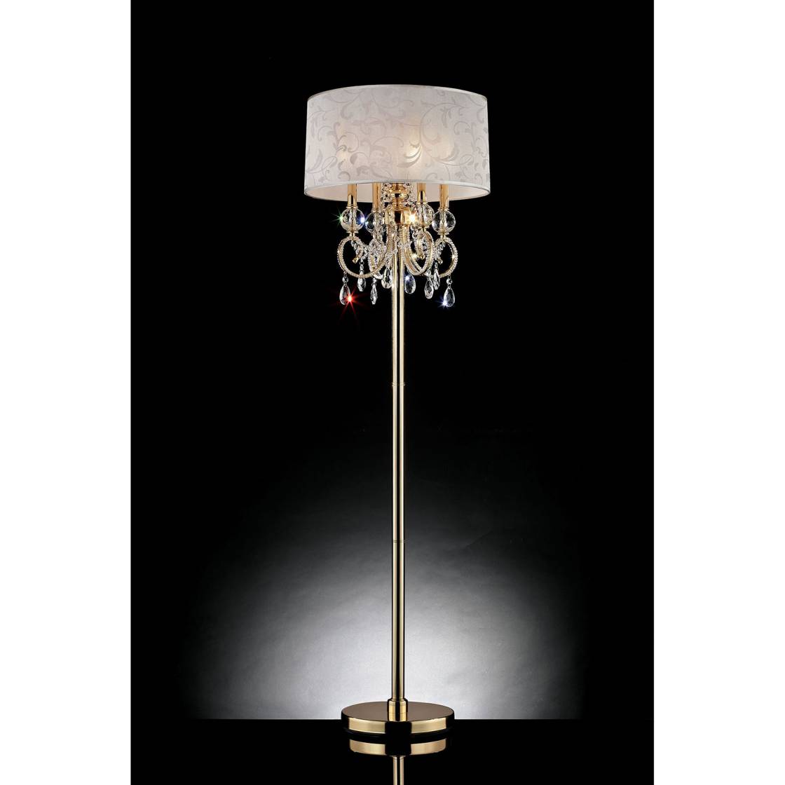 Chandelier Floor Lamp With Hanging Crystals And Floral Pattern Shade, Gold By Benzara