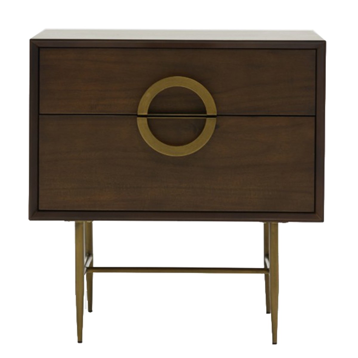 Benzara BM214767 Wooden Nightstand with 2 Drawers and Brass Semi Circle Handles