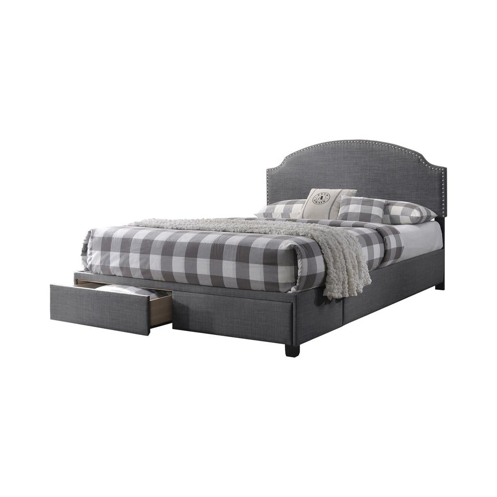 Benzara BM215863 46.75" Fabric Upholstered Wooden Queen Size Storage Bed with Nailhead Trims