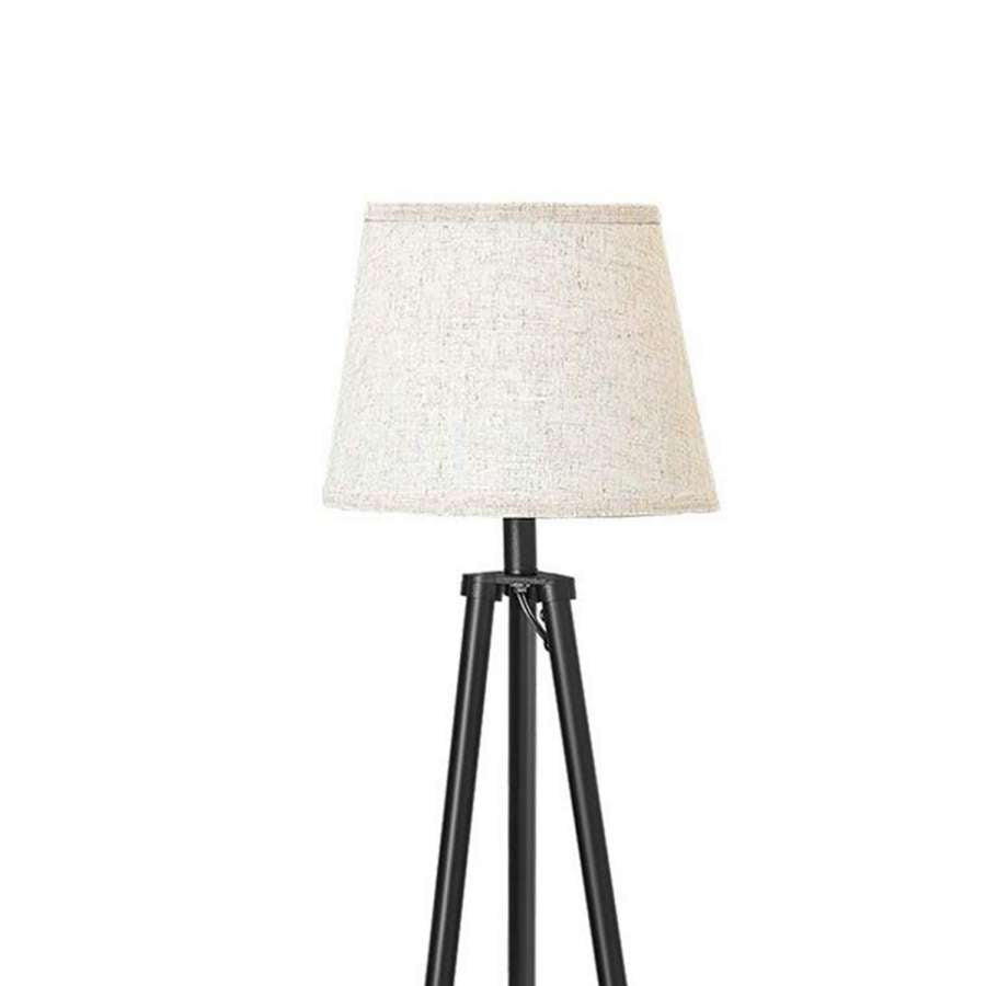 Tapered Drum Shade Floor Lamp With 2 Open Shelves, White And Black By Benzara