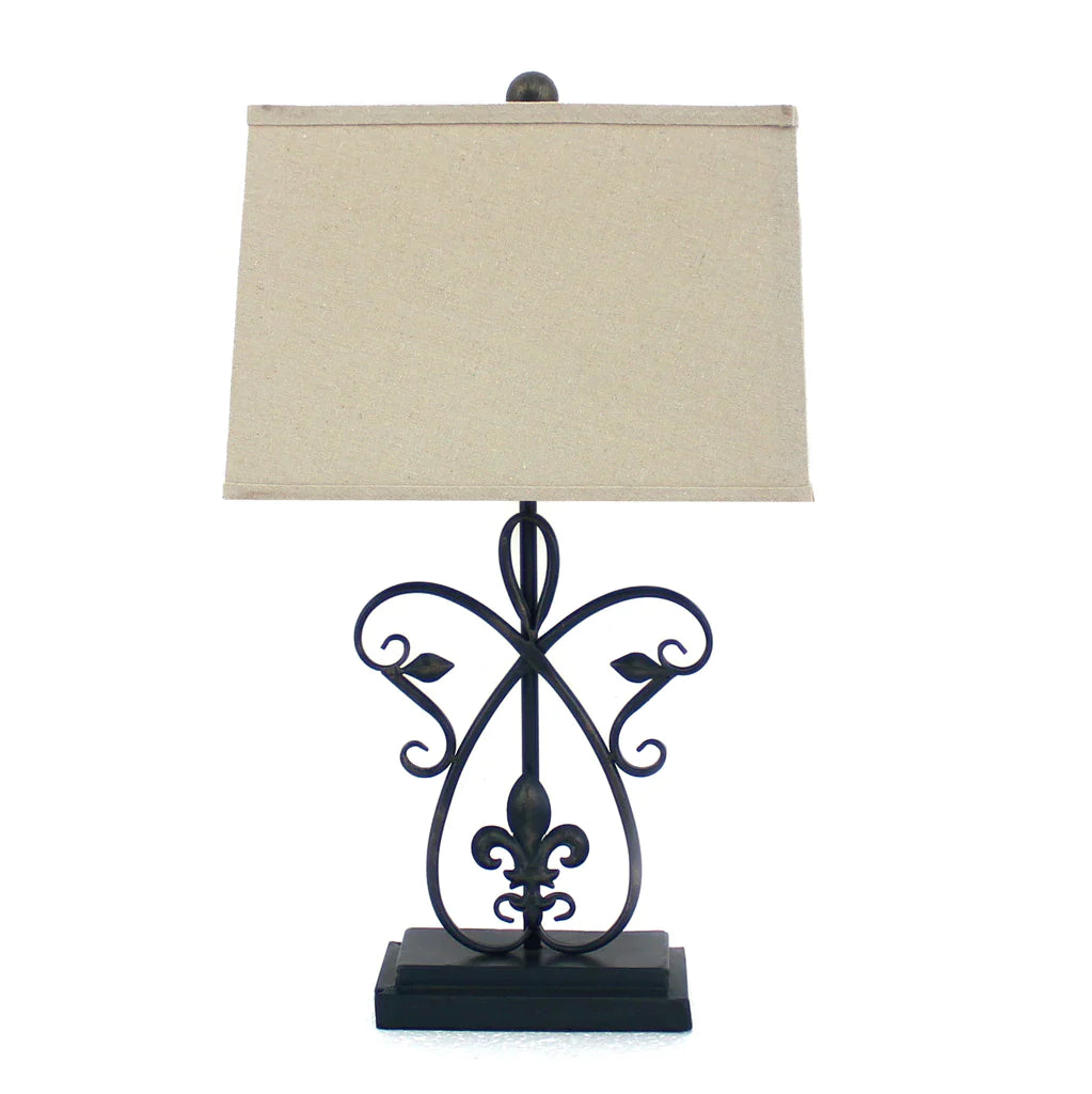 Scroll Design Metal Table Lamp With Rectangular Tier Base, Black By Benzara