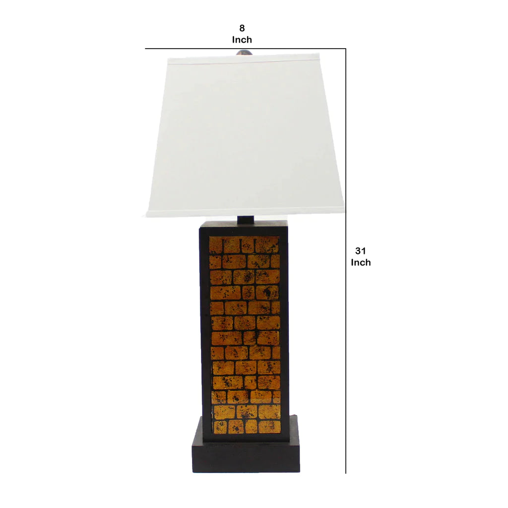 Rectangular Metal Frame Table Lamp With Brick Pattern, White And Orange By Benzara
