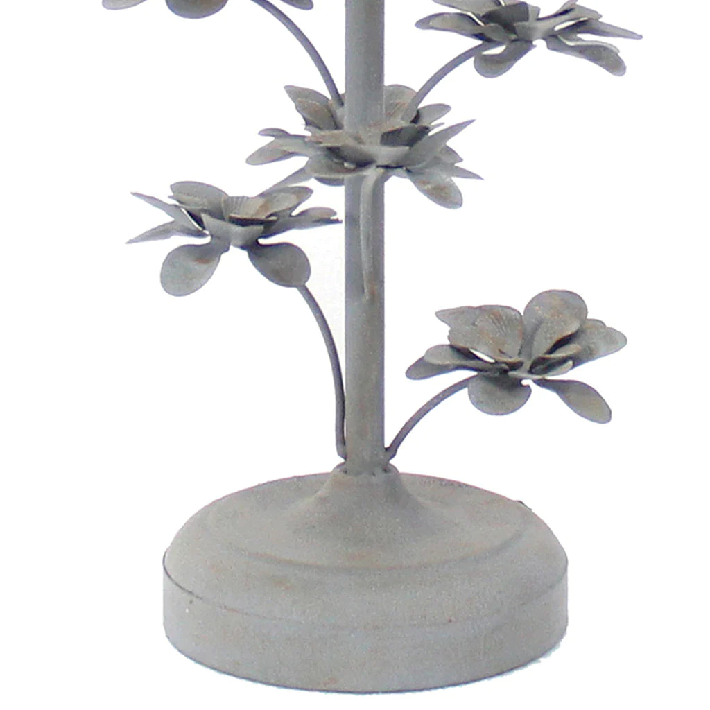 Flower Tree Design Metal Table Lamp With Tapered Drum Shade, Gray And Beige By Benzara