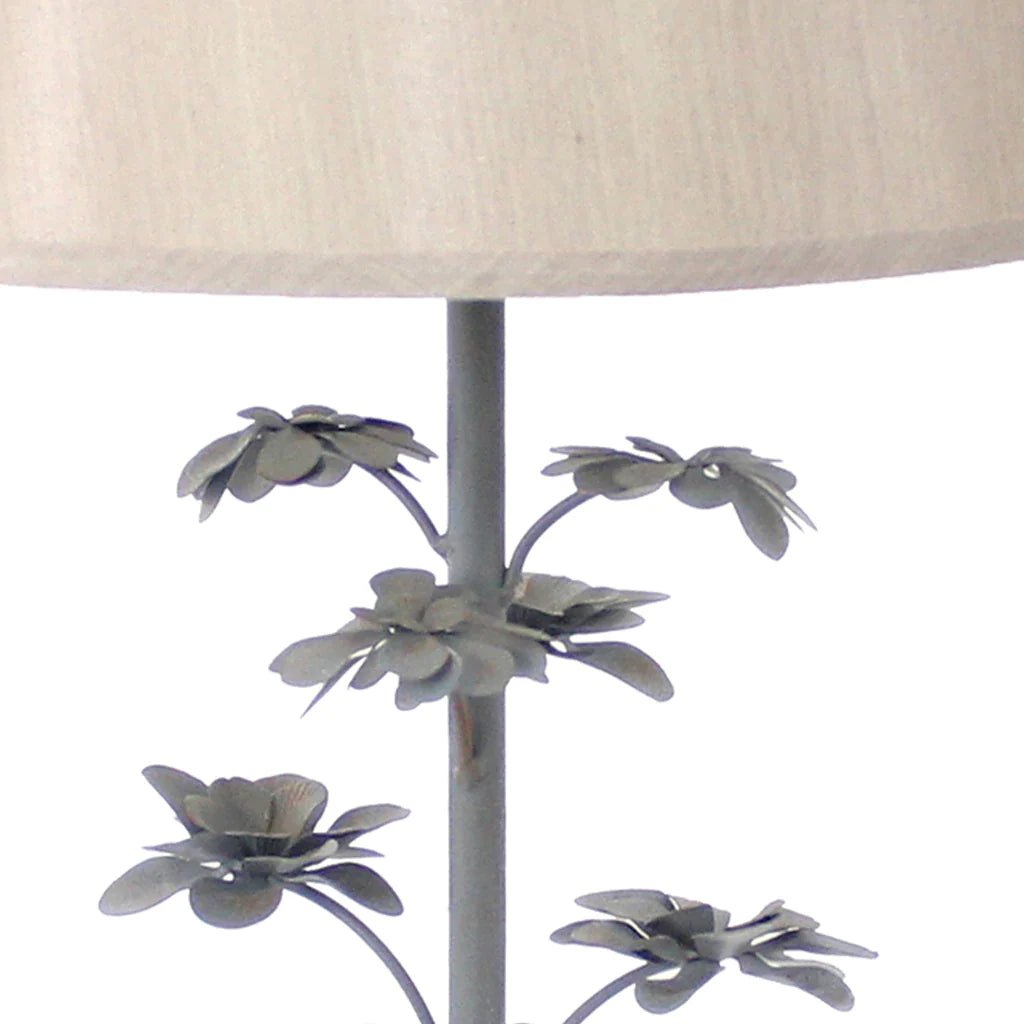 Flower Tree Design Metal Table Lamp With Tapered Drum Shade, Gray And Beige By Benzara