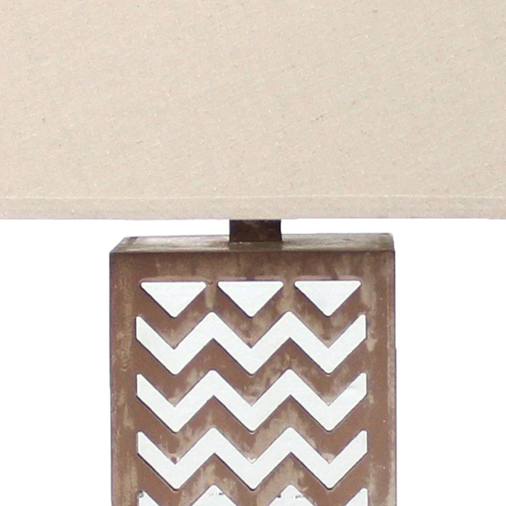 Table Lamp With Chevron Pattern And Mirror Inlay,Brown And Silver By Benzara