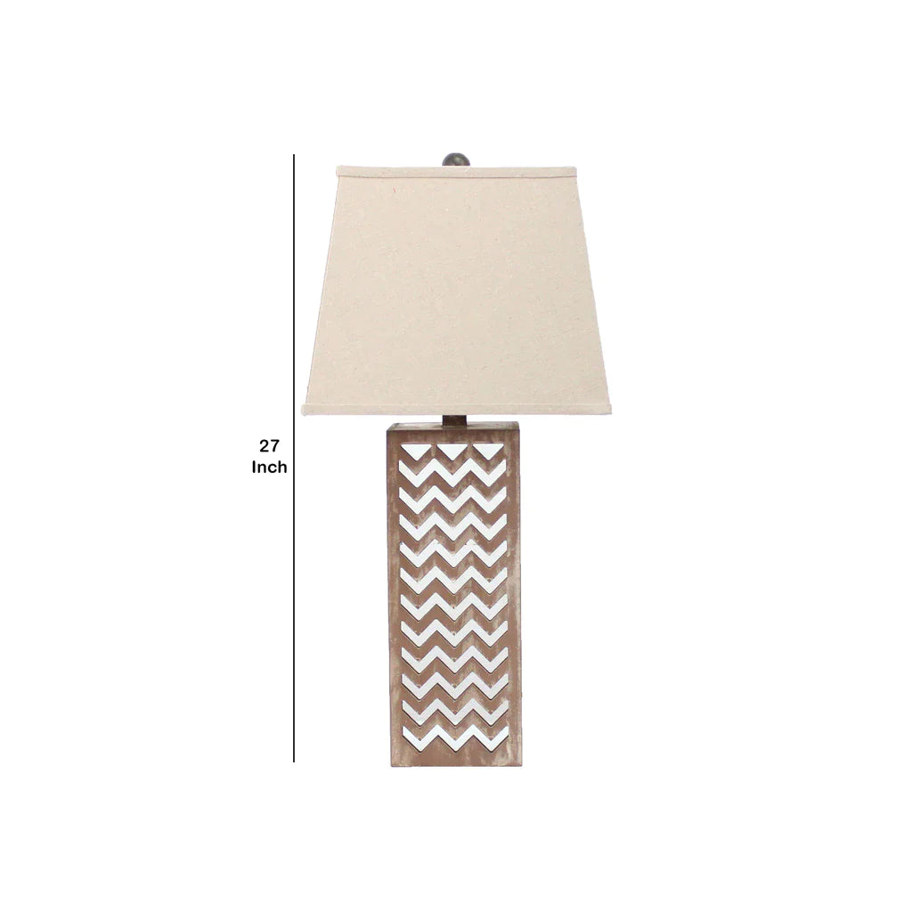 Table Lamp With Chevron Pattern And Mirror Inlay,Brown And Silver By Benzara
