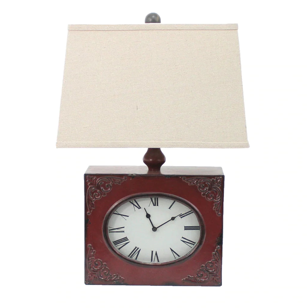 Clock Design Metal Table Lamp With Tapered Shade, Red And Beige By Benzara