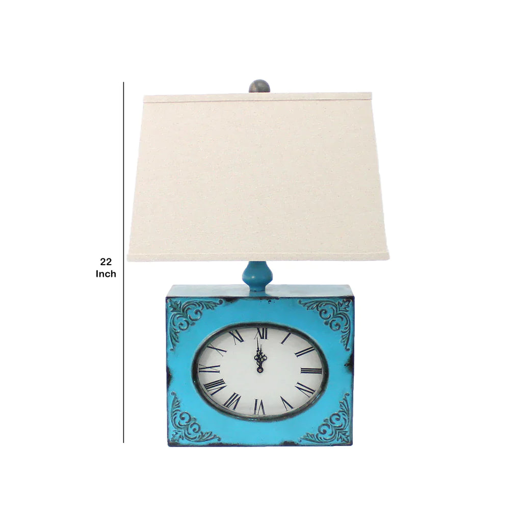 Clock Design Metal Table Lamp With Tapered Shade, Blue And Beige By Benzara