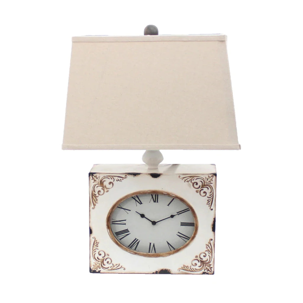 Clock Design Metal Table Lamp With Tapered Shade,White And Beige By Benzara