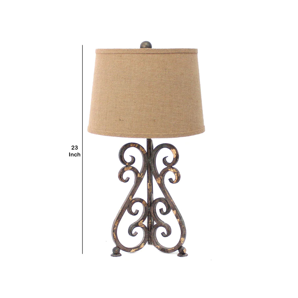 Metal Table Lamp With Scroll Design Base And 2 Way Switch,Bronze And Beige By Benzara