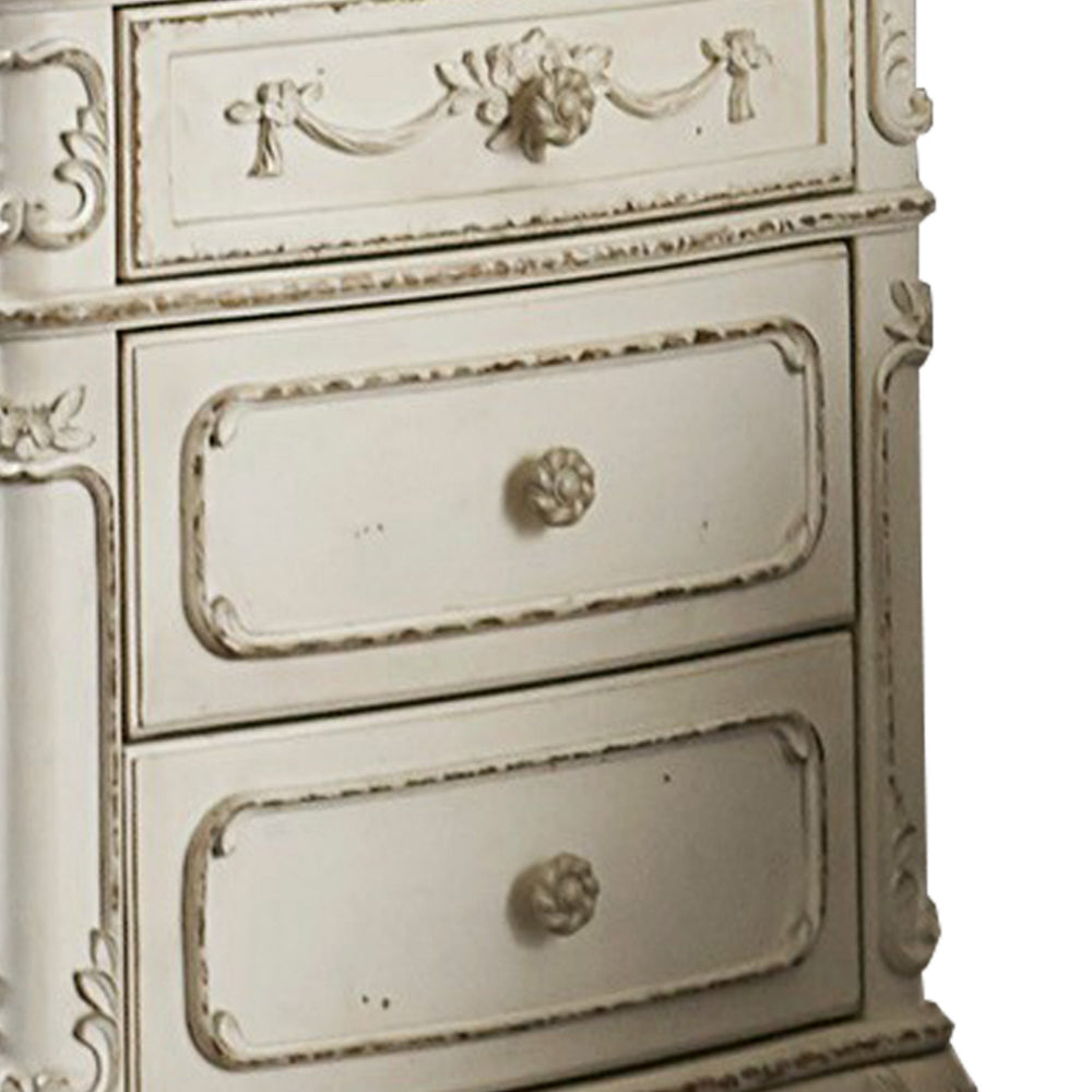 Benzara BM219789 3 Drawer Nightstand with Floral Motif Carving Details