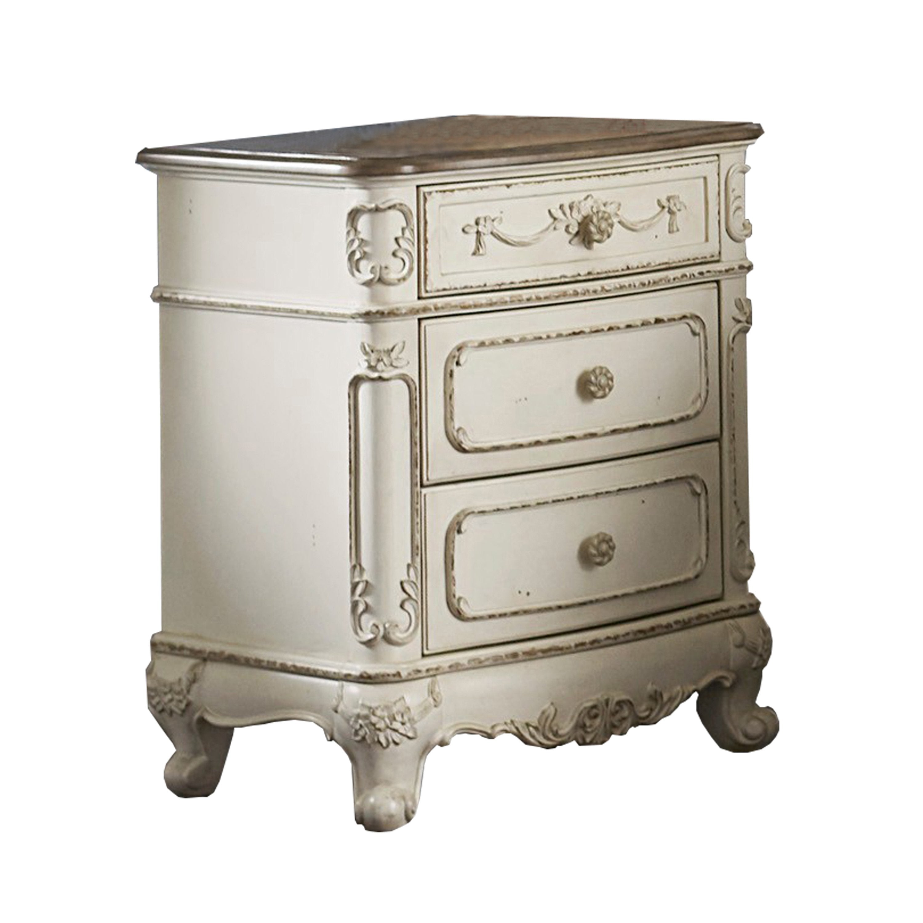 Benzara BM219789 3 Drawer Nightstand with Floral Motif Carving Details
