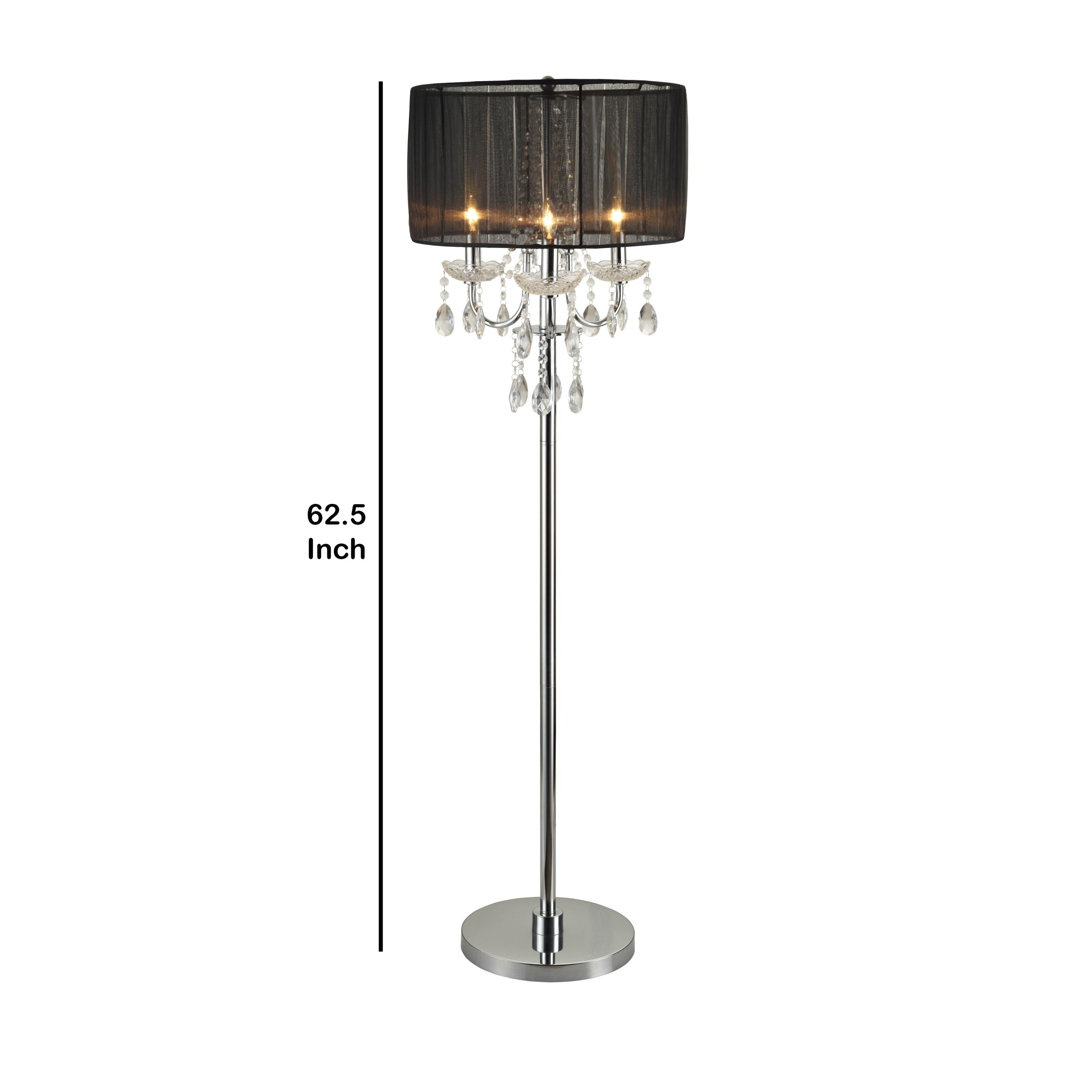 Round Fabric Wrapped Floor Lamp With Crystal Inlay, Gray And Silver By Benzara