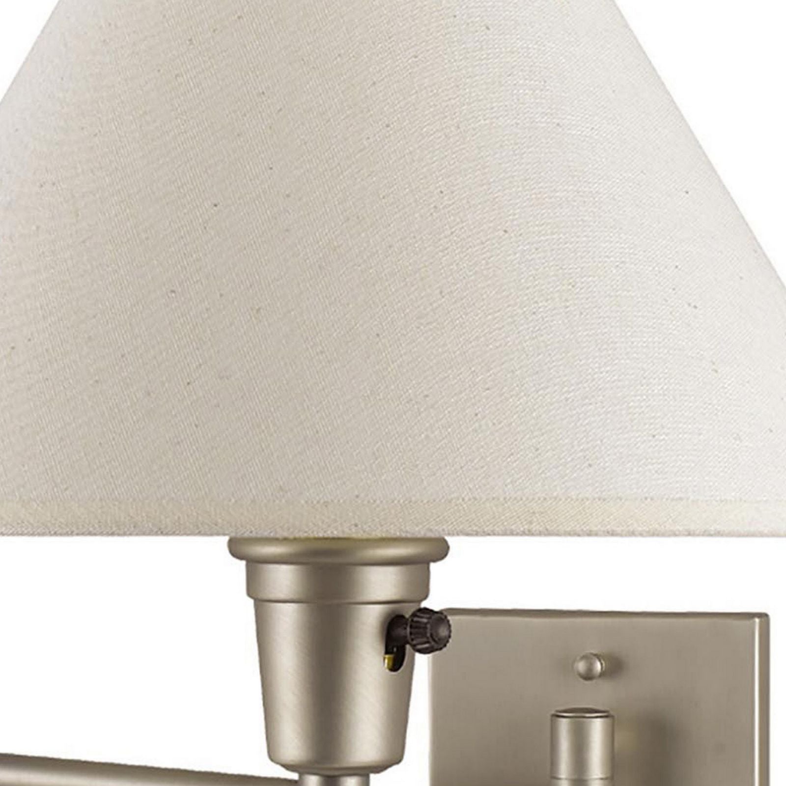 60 Watt Metal Swing Arm Wall Lamp With Tapered Shade, Off White And Silver By Benzara