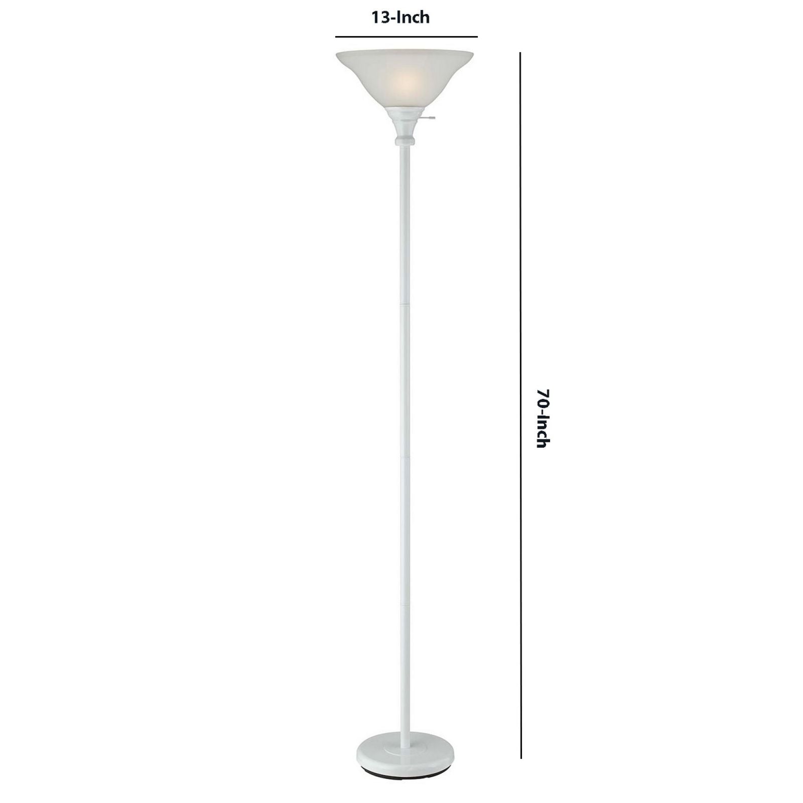 3 Way Torchiere Floor Lamp With Frosted Glass Shade And Stable Base, White By Benzara