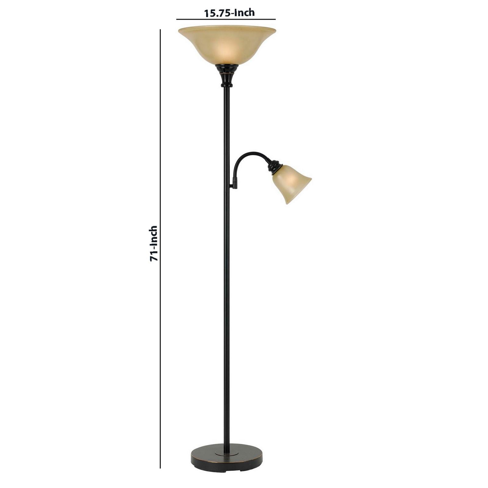 Metal Body Torchiere Floor Lamp With Attached Reading Light, Black By Benzara