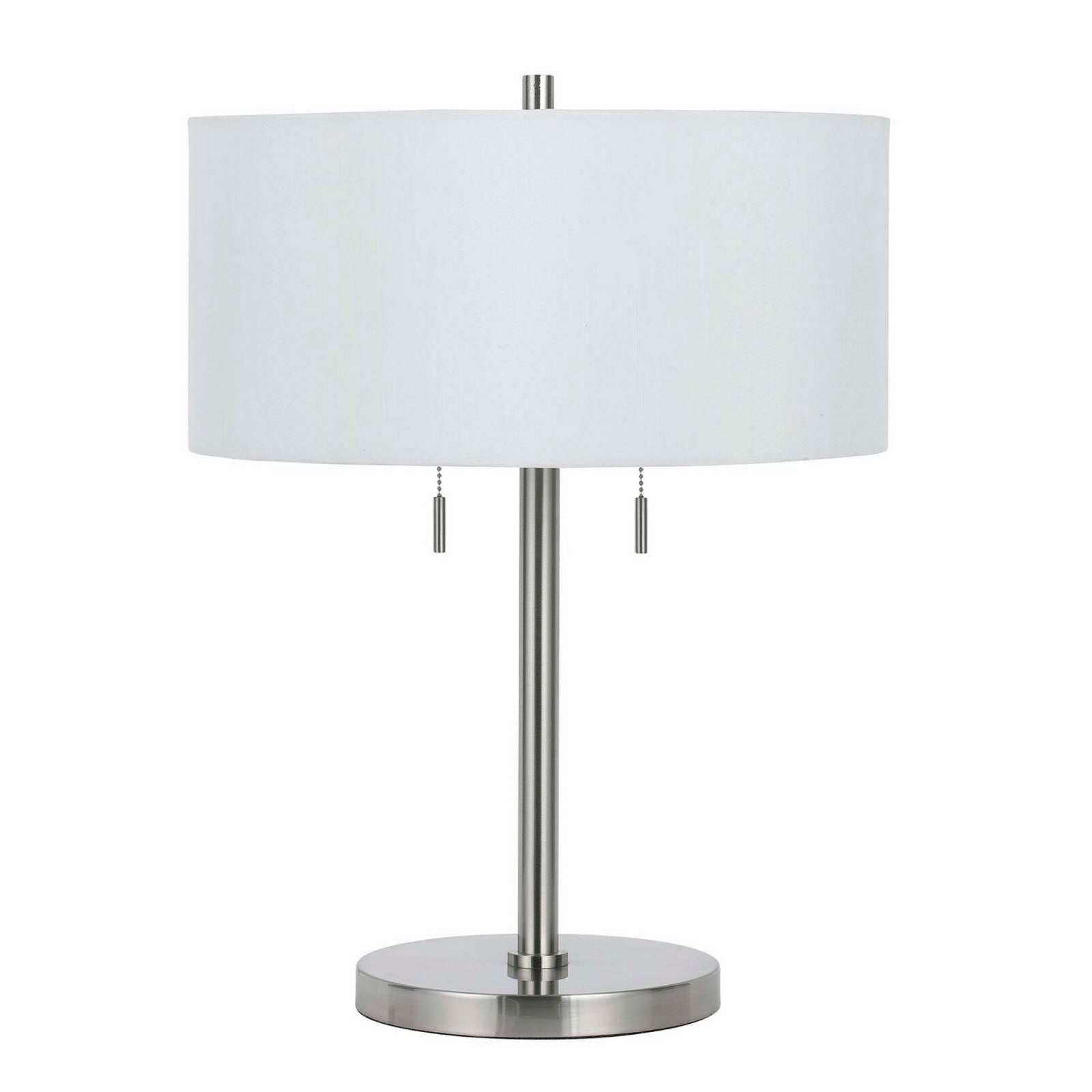 Metal Body Table Lamp With Fabric Drum Shade And Pull Chain Switch, Silver By Benzara