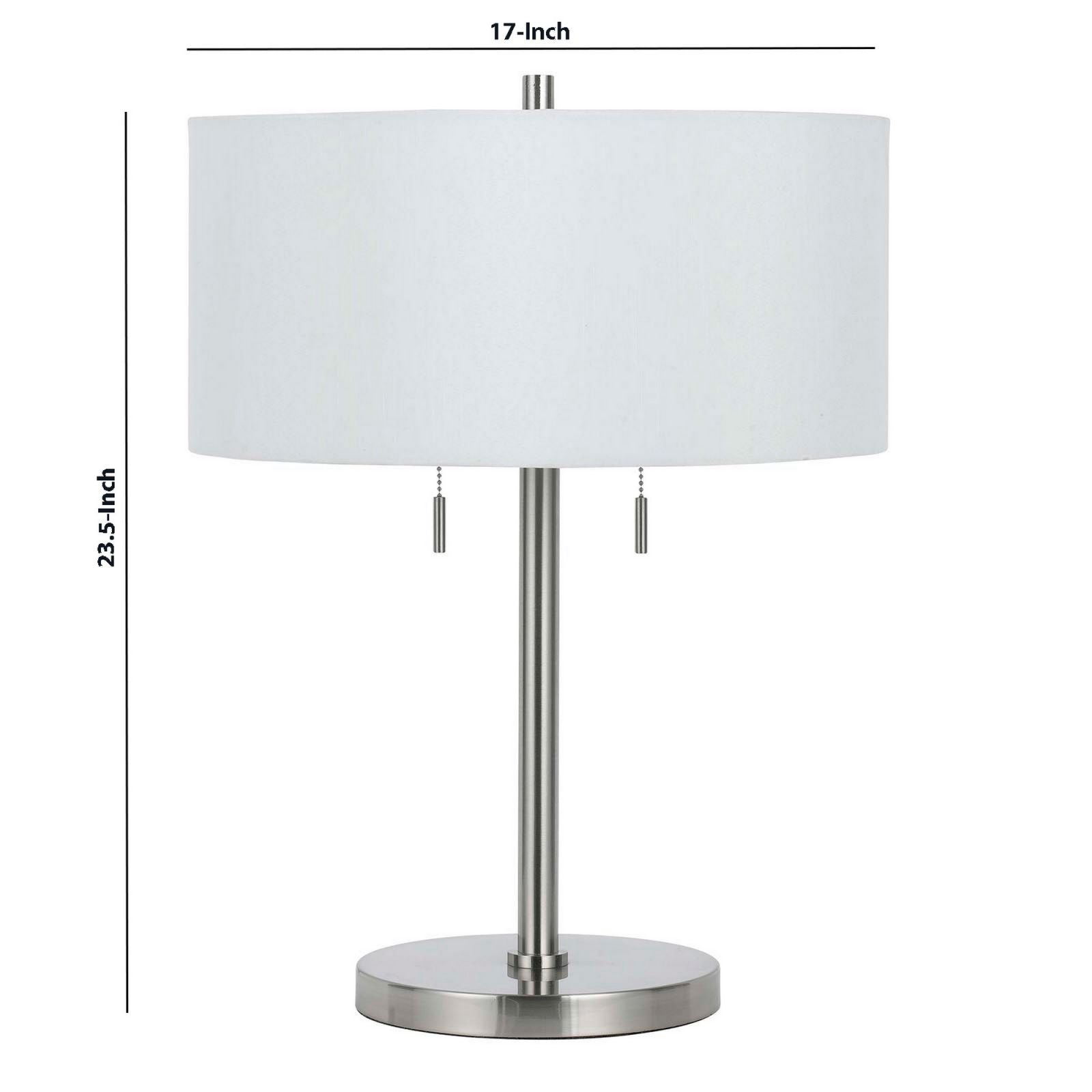 Metal Body Table Lamp With Fabric Drum Shade And Pull Chain Switch, Silver By Benzara