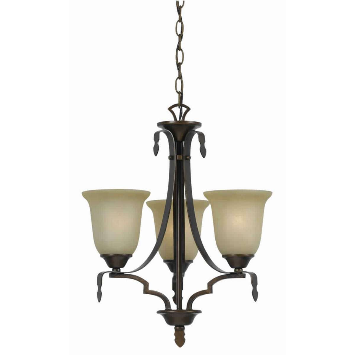 3 Bulb Uplight Chandelier With Metal Frame And Glass Shade,Bronze And Beige By Benzara