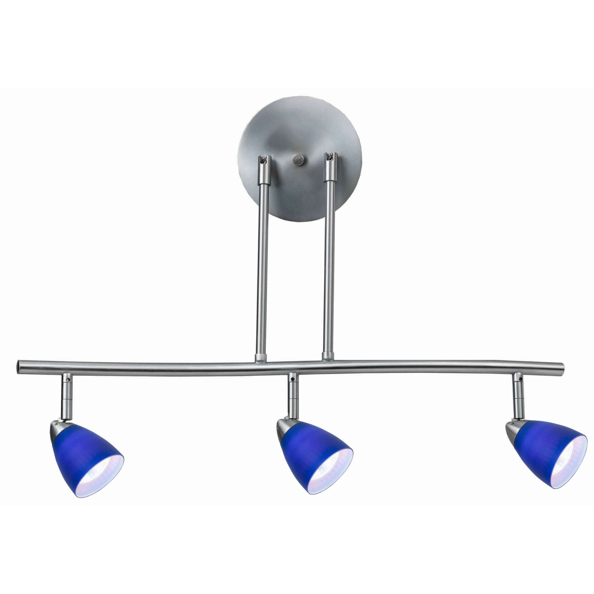 3 Light 120V Metal Track Light Fixture With Glass Shade, Silver And Blue By Benzara