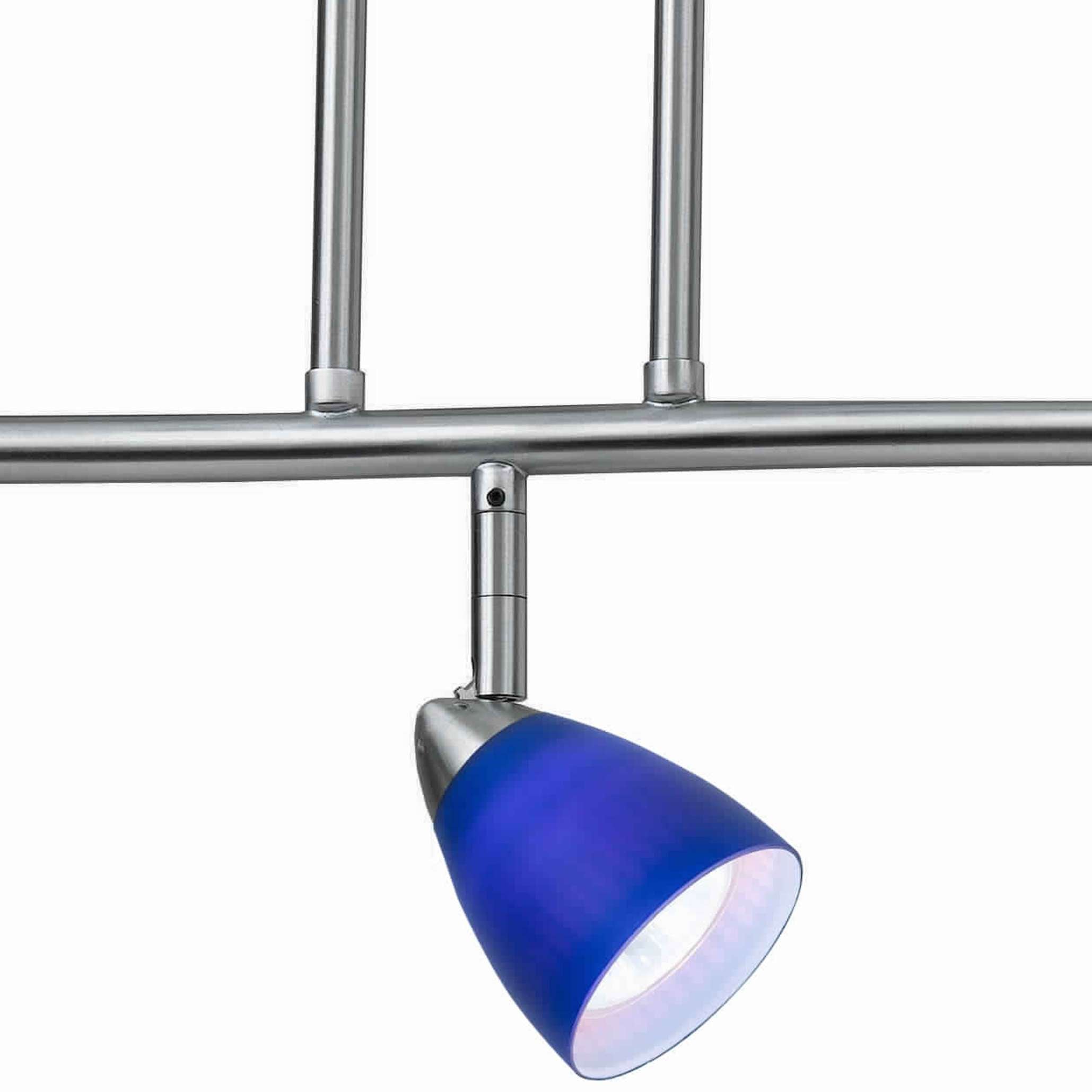 3 Light 120V Metal Track Light Fixture With Glass Shade, Silver And Blue By Benzara