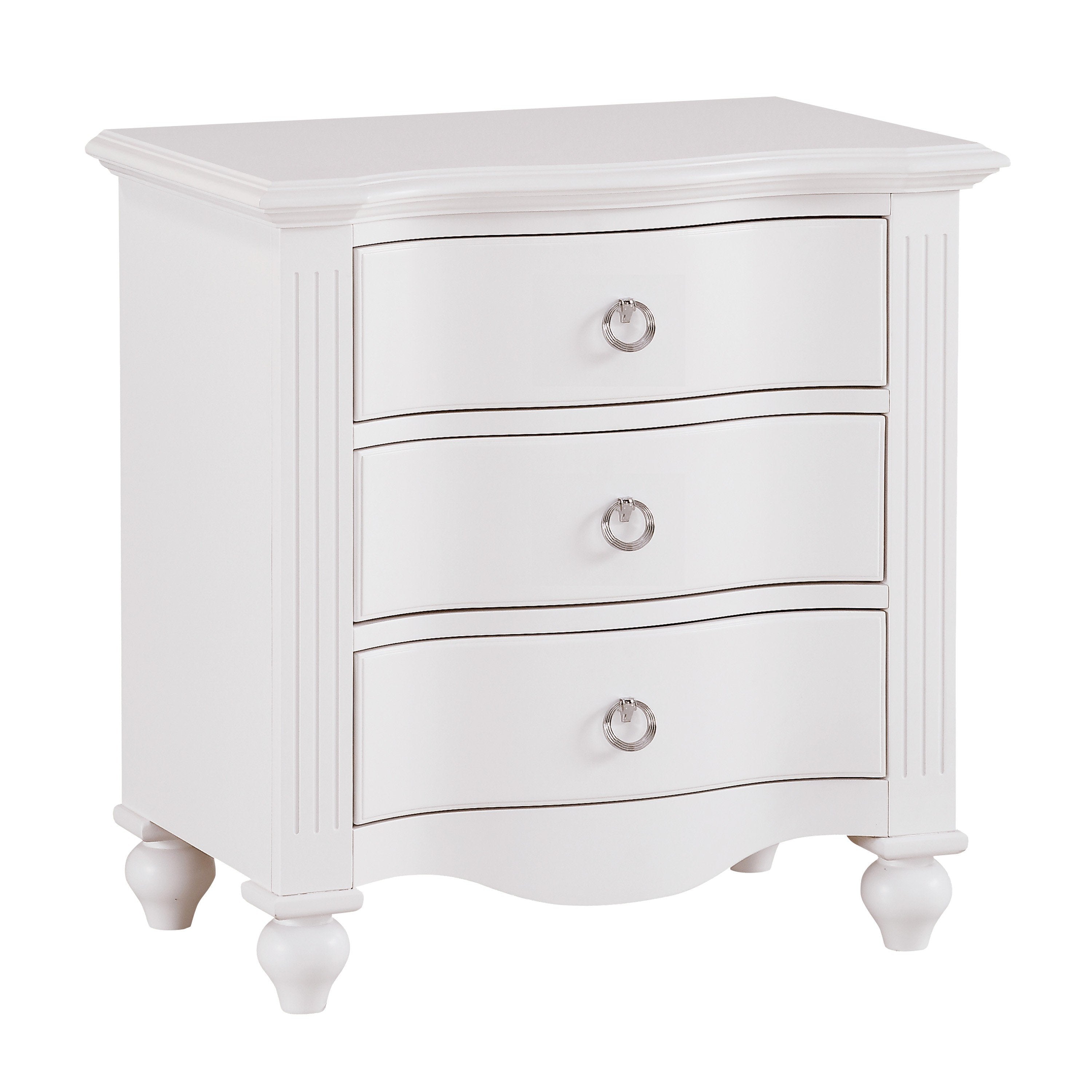 Benzara BM223090 3 Drawer Nightstand with Routed Pilasters and Turned Fee