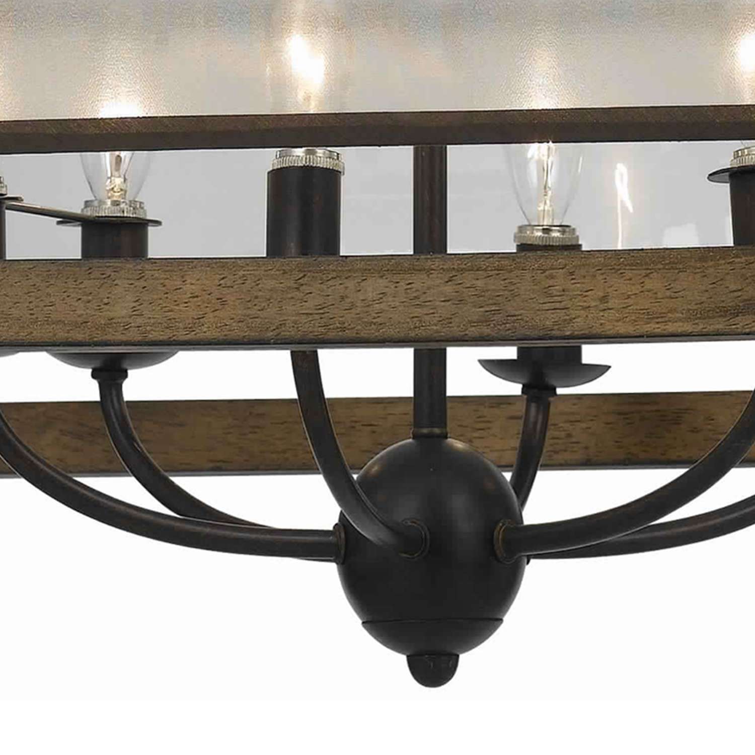6 Bulb Square Chandelier With Wooden Frame And Organza Striped Shade, Brown By Benzara