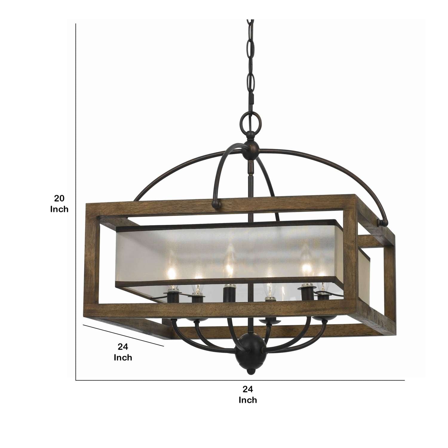 6 Bulb Square Chandelier With Wooden Frame And Organza Striped Shade, Brown By Benzara