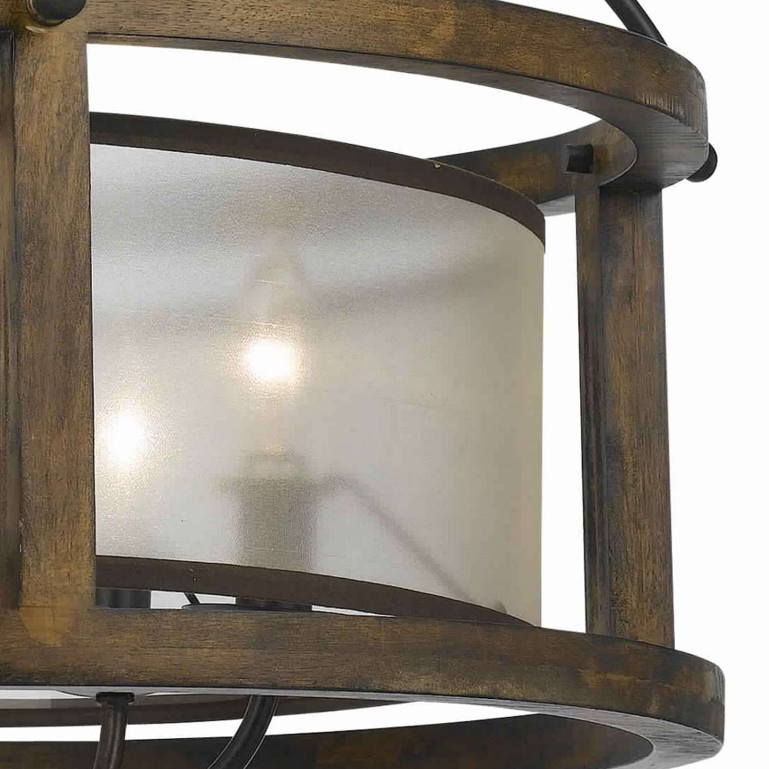 5 Bulb Round Chandelier With Wooden Frame And Organza Striped Shade, Brown By Benzara