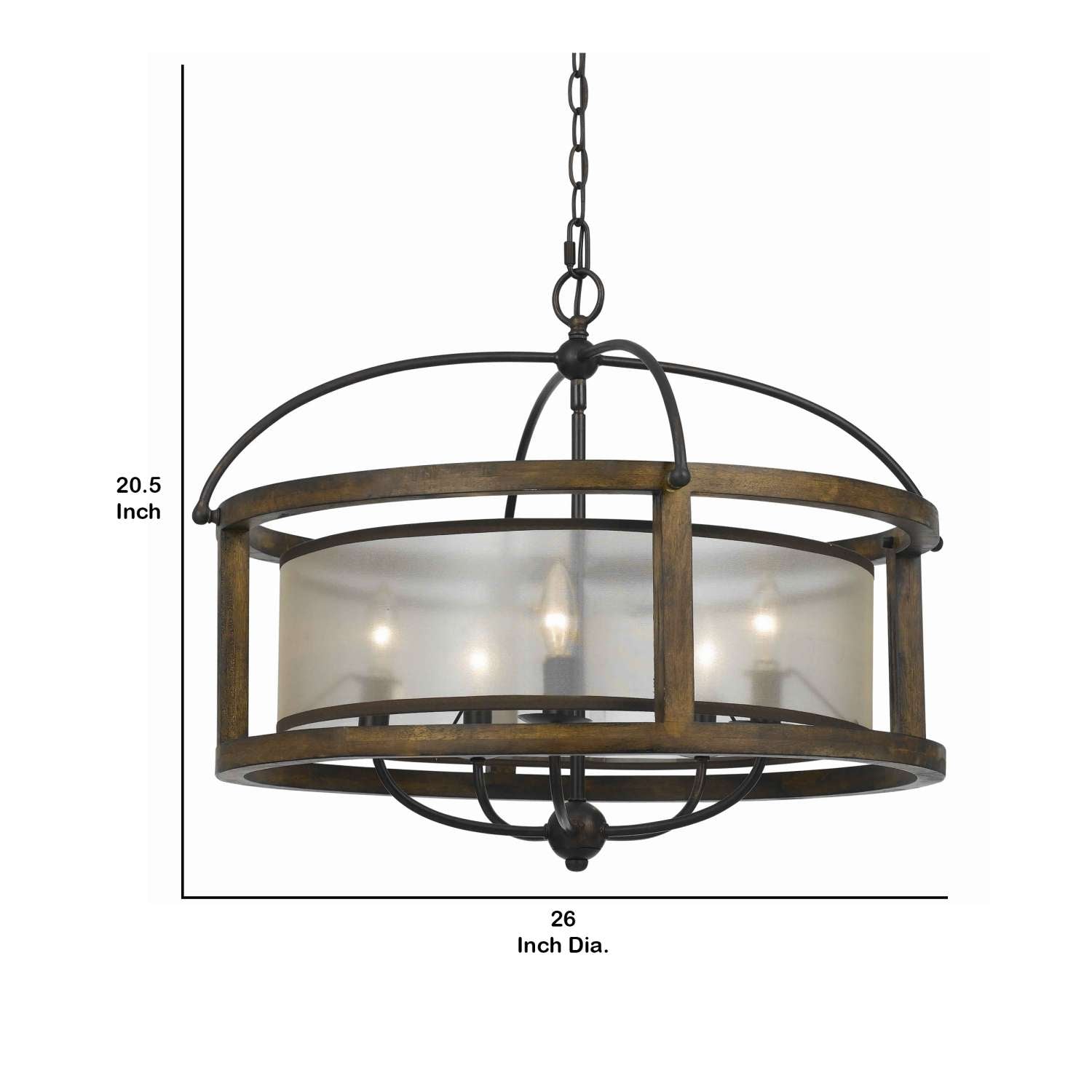 5 Bulb Round Chandelier With Wooden Frame And Organza Striped Shade, Brown By Benzara