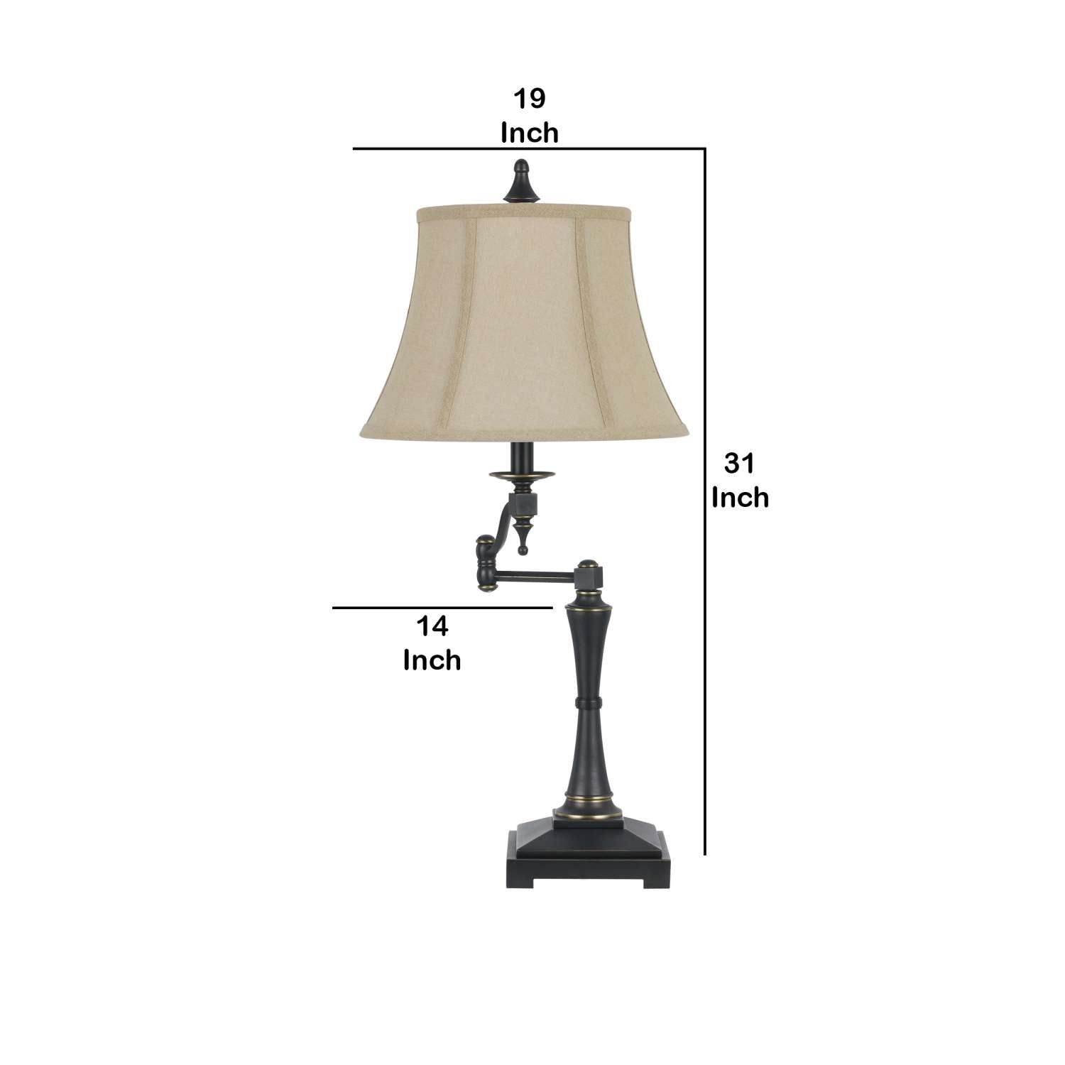Metal Body Table Lamp With Fabric Tapered Bell Shade, Black And Beige By Benzara