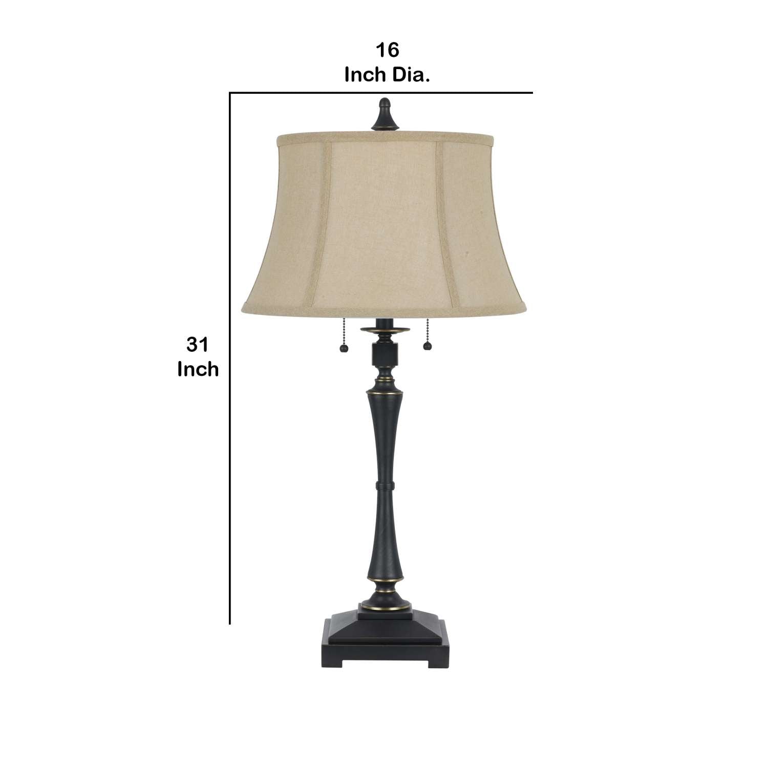 Metal Body Table Lamp With Fabric Tapered Bell Shade, Beige And Black By Benzara