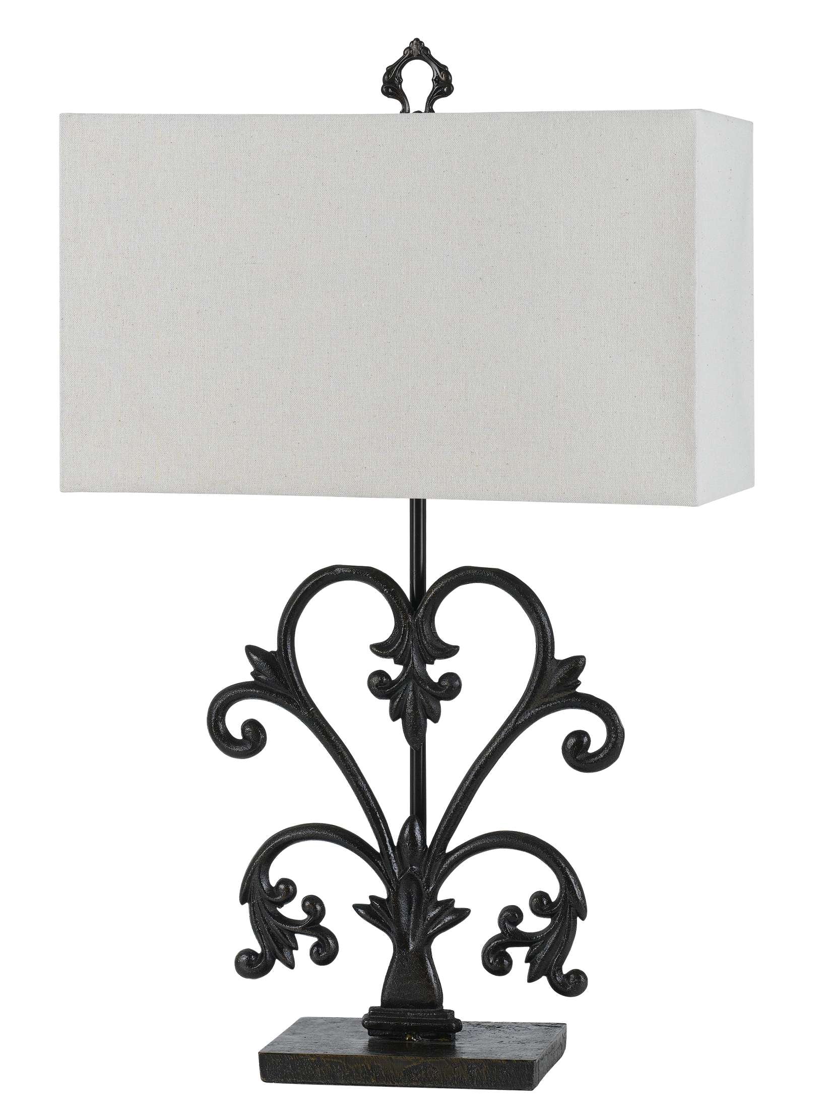 Rectangular Shade Table Lamp With Scrolled Metal Base, Off White And Black By Benzara