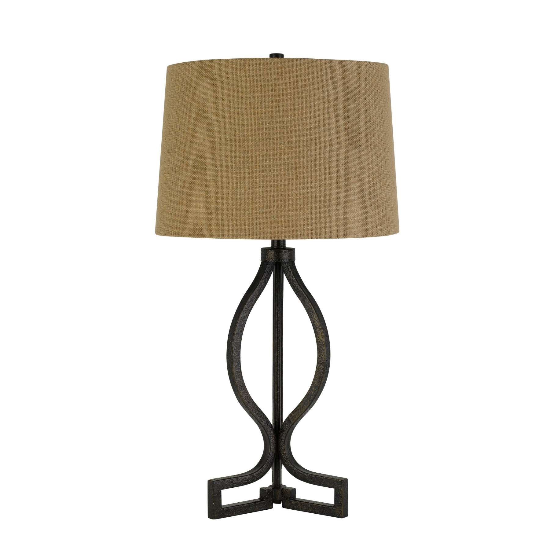 150 Watt Fabric Shade Table Lamp With Scrolled Metal Base, Beige And Bronze By Benzara