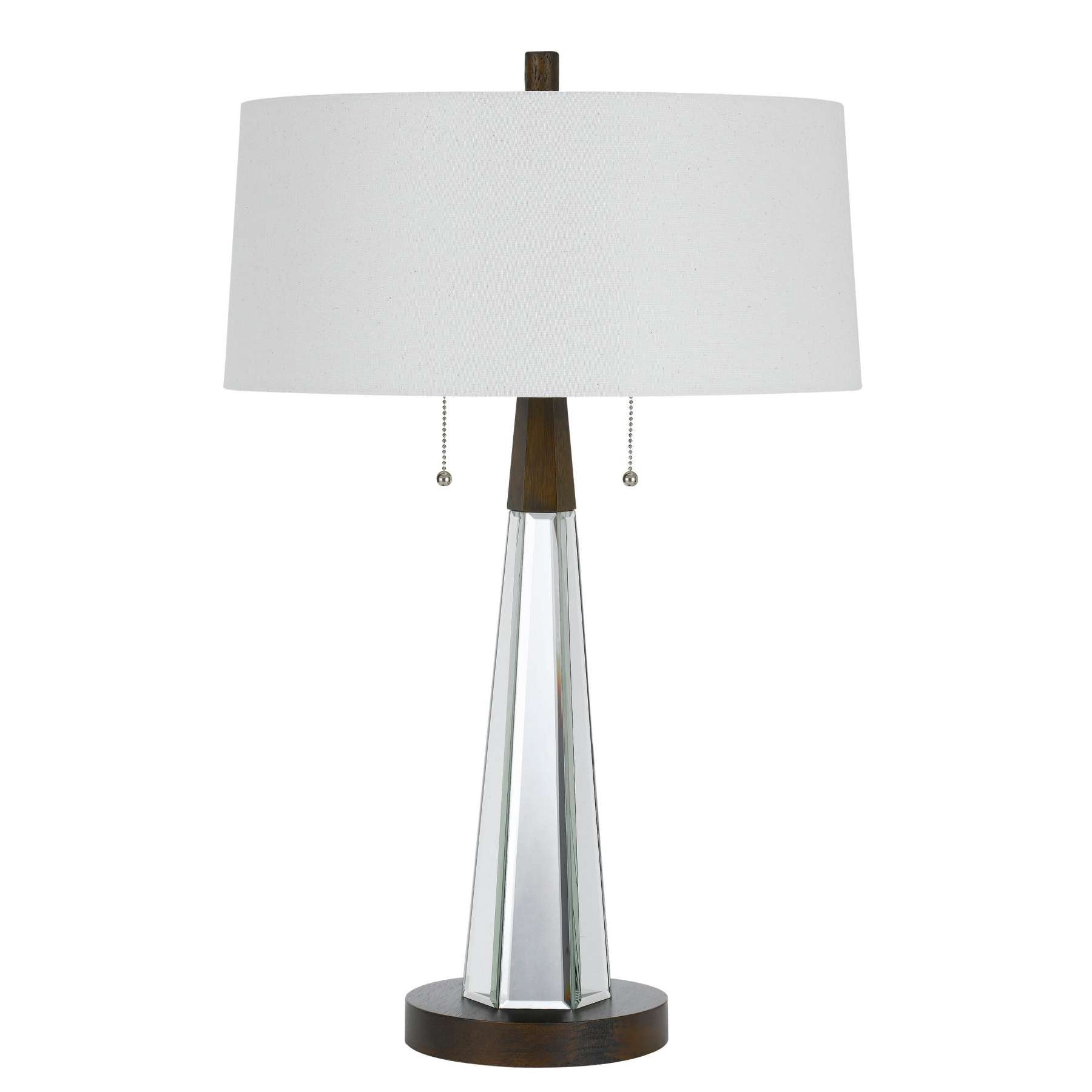 Fabric Shade Table Lamp With Faceted Mirror And Wooden Base, White By Benzara