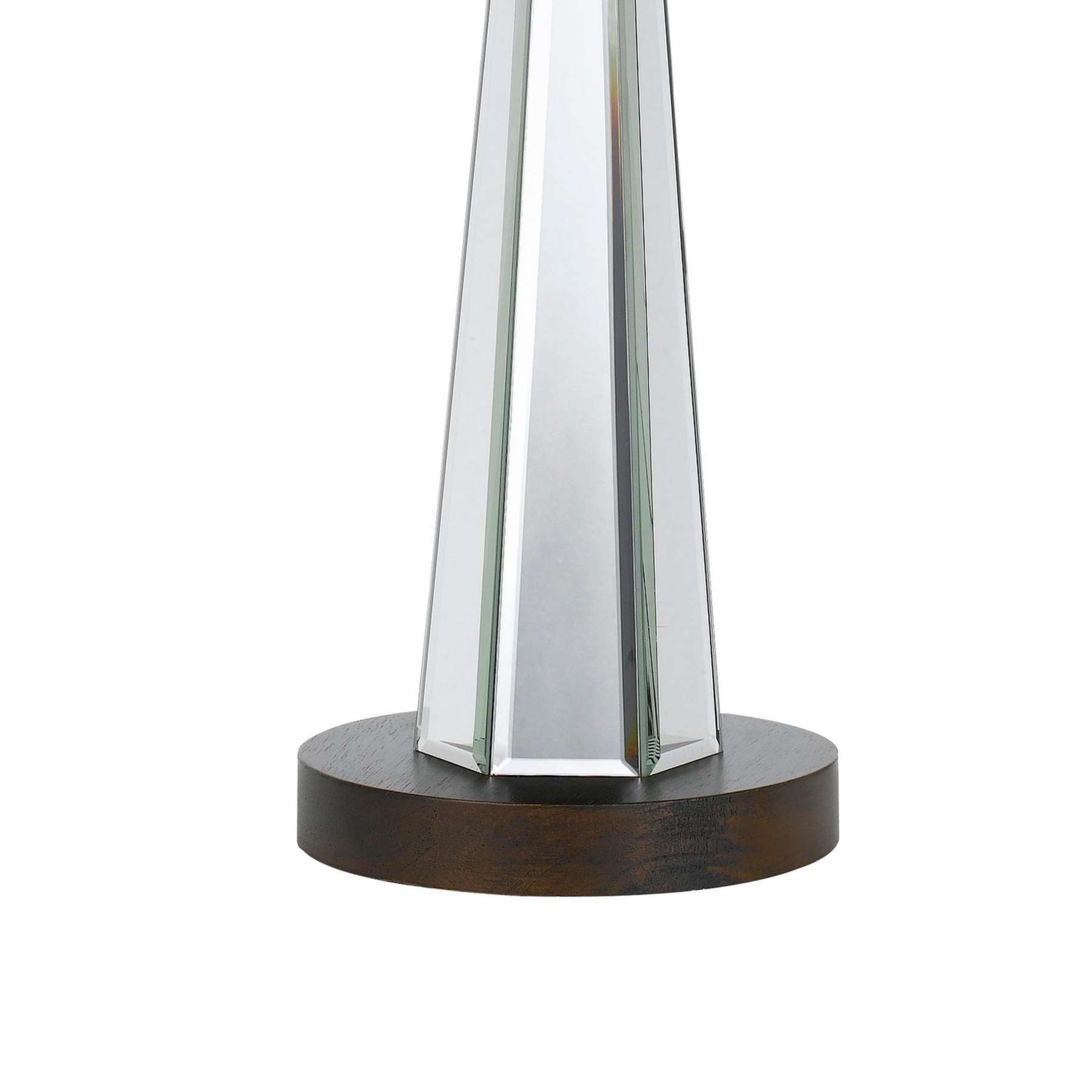 Fabric Shade Table Lamp With Faceted Mirror And Wooden Base, White By Benzara