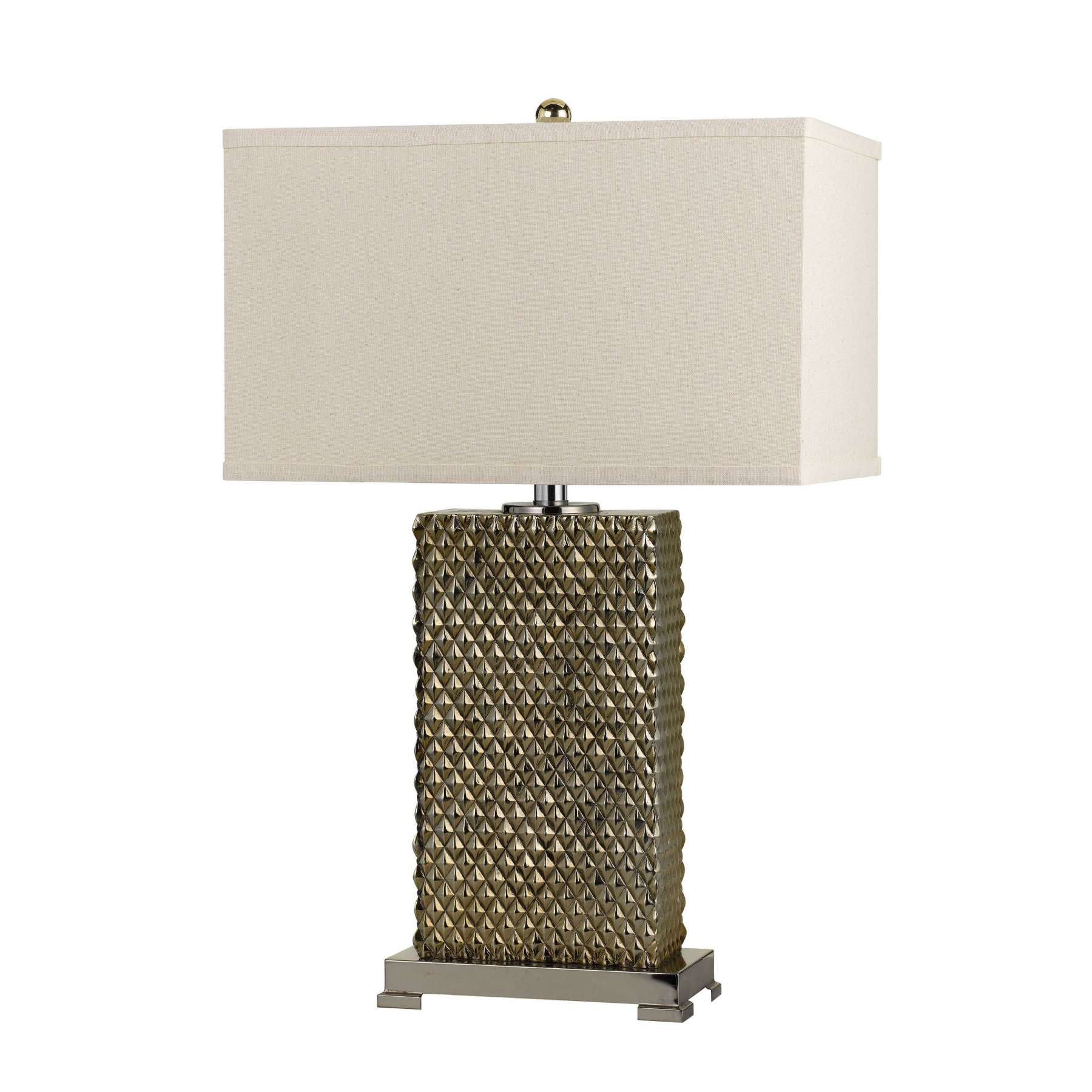 3 Way Table Lamp With Studded Diamond Pattern Ceramic Base, Cream And Gold By Benzara