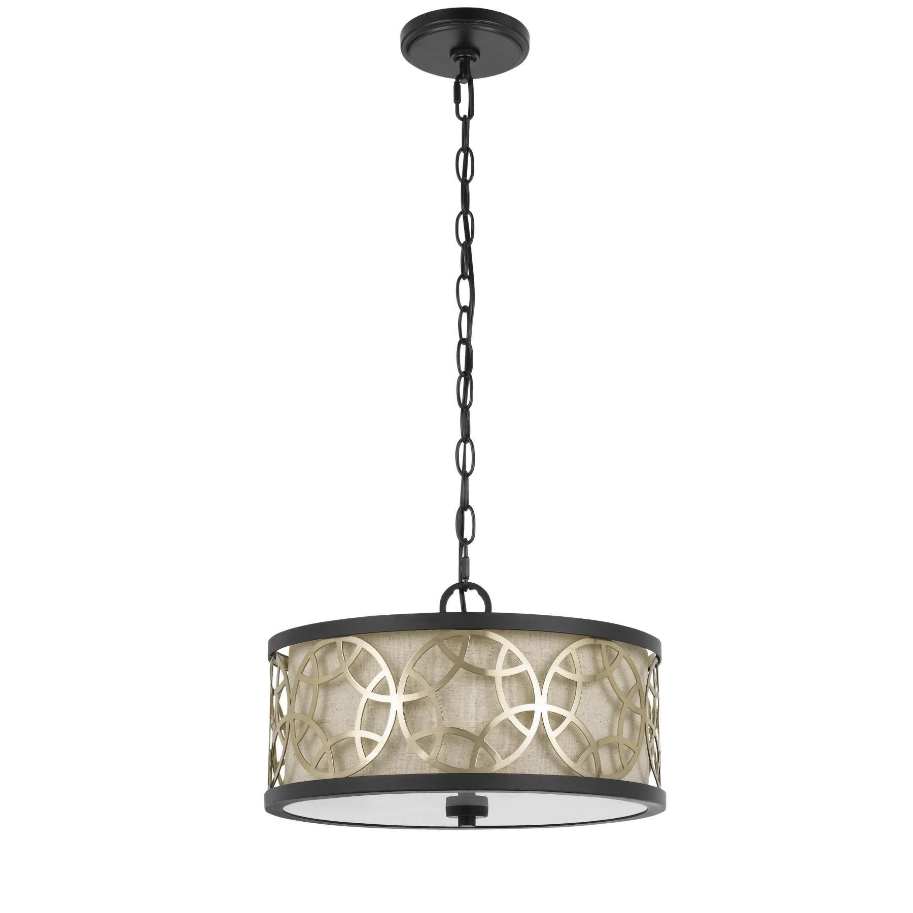 Cylindrical Drum Pendant Chandelier With Lattice Design, Black And Brass By Benzara