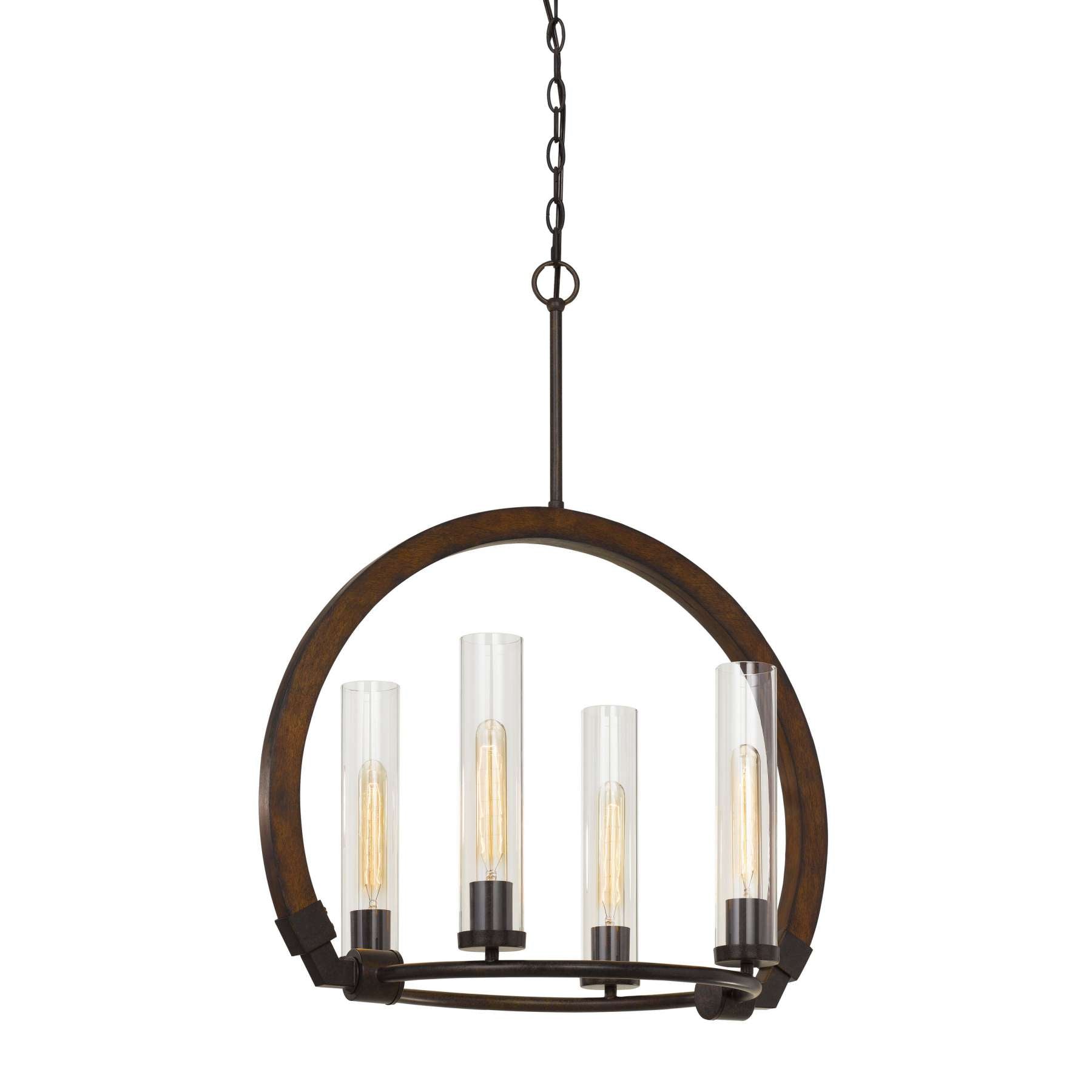60 X 4 Watt Wood And Metal Chandelier With Glass Shade, Brown And Bronze By Benzara