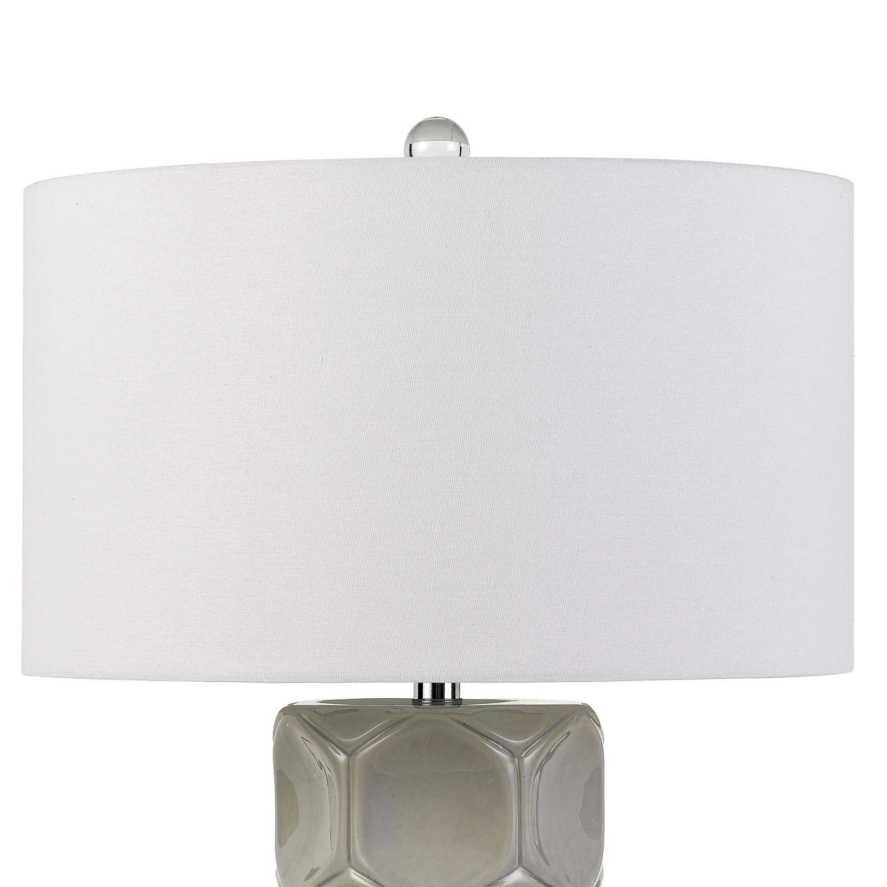 150 Watt Textured Ceramic Frame Table Lamp With Fabric Shade, White And Gray By Benzara