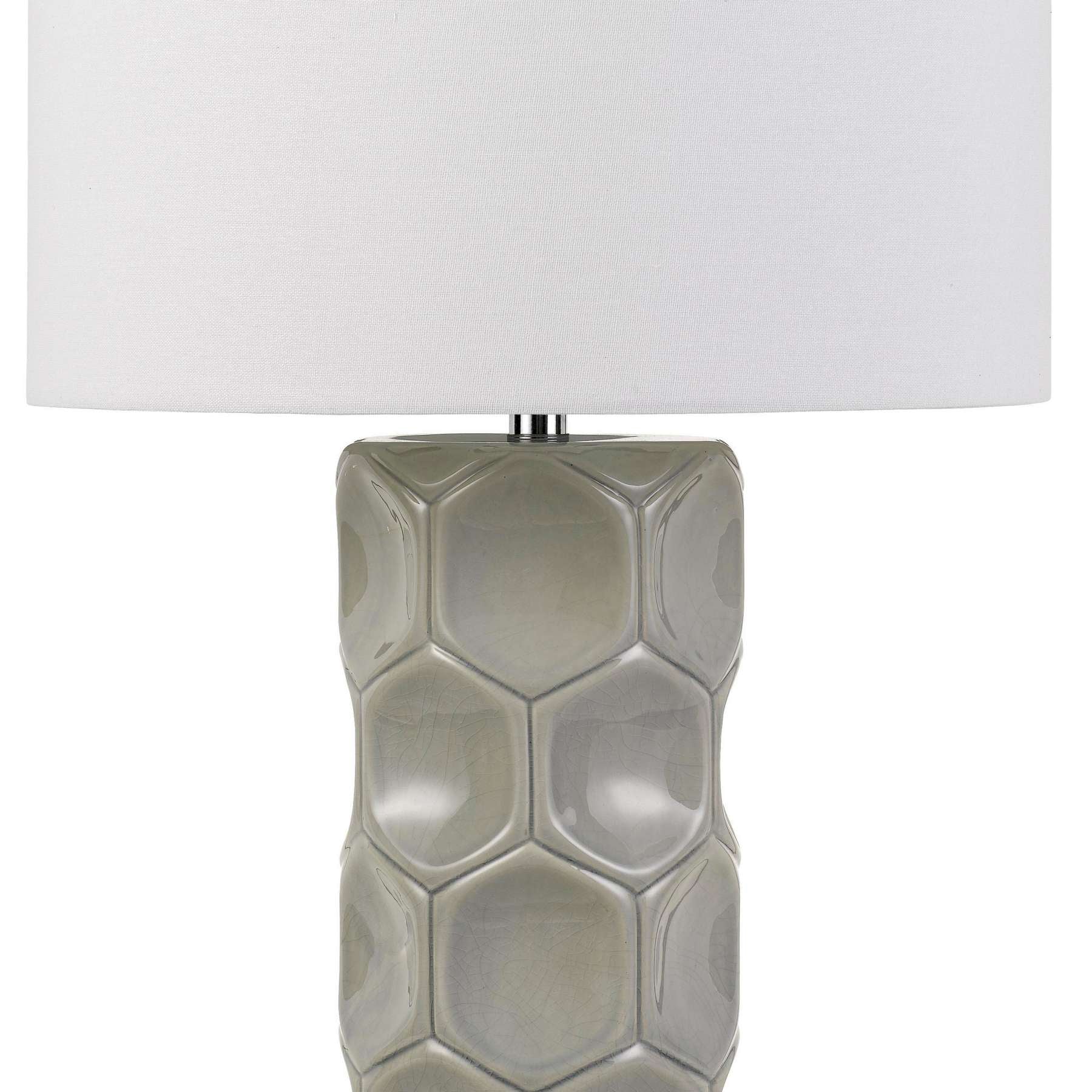 150 Watt Textured Ceramic Frame Table Lamp With Fabric Shade, White And Gray By Benzara