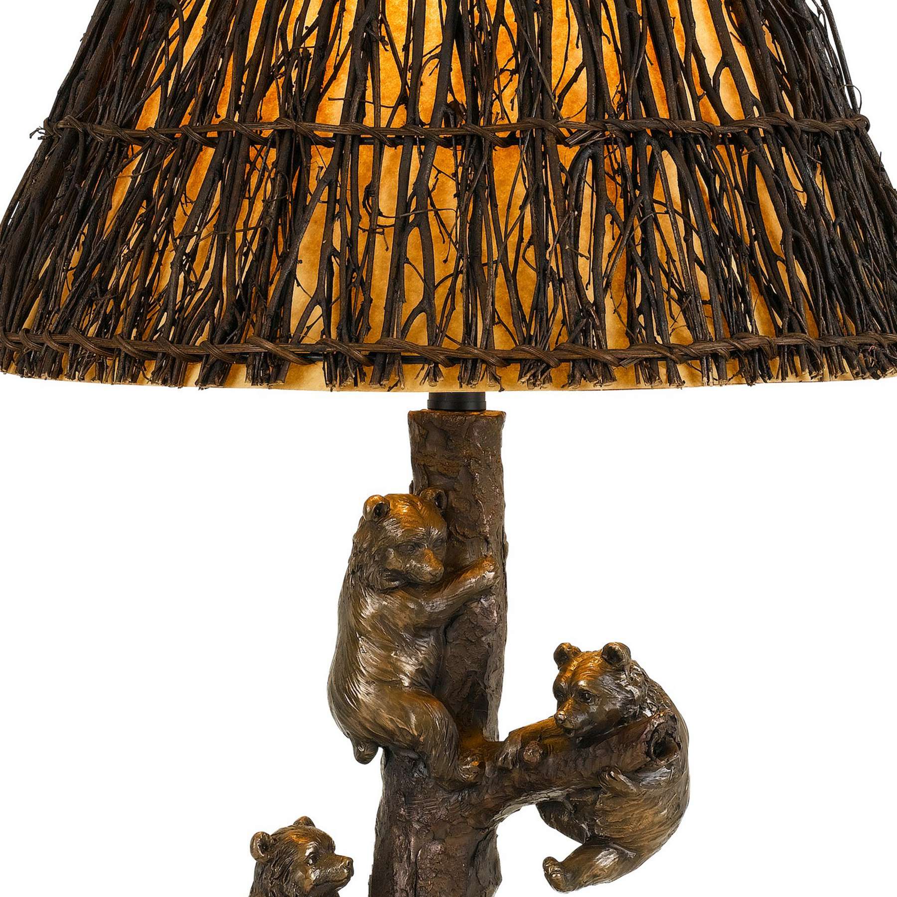 150 Watt Resin Body Table Lamp With Bear Design And Twig Shade, Bronze By Benzara