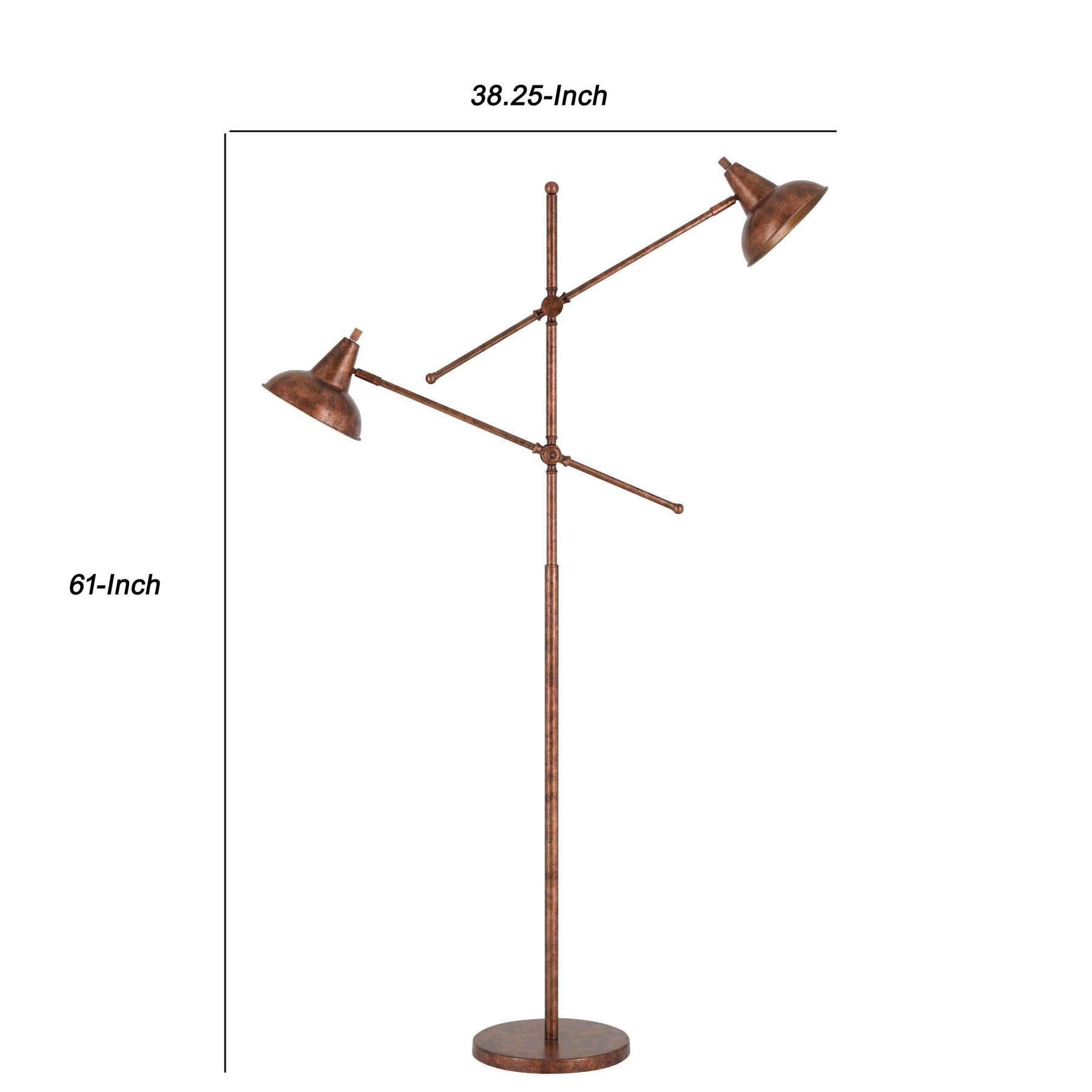 Metal Body Floor Lamp With 2 Adjustable Arms And Metal Shades, Bronze By Benzara
