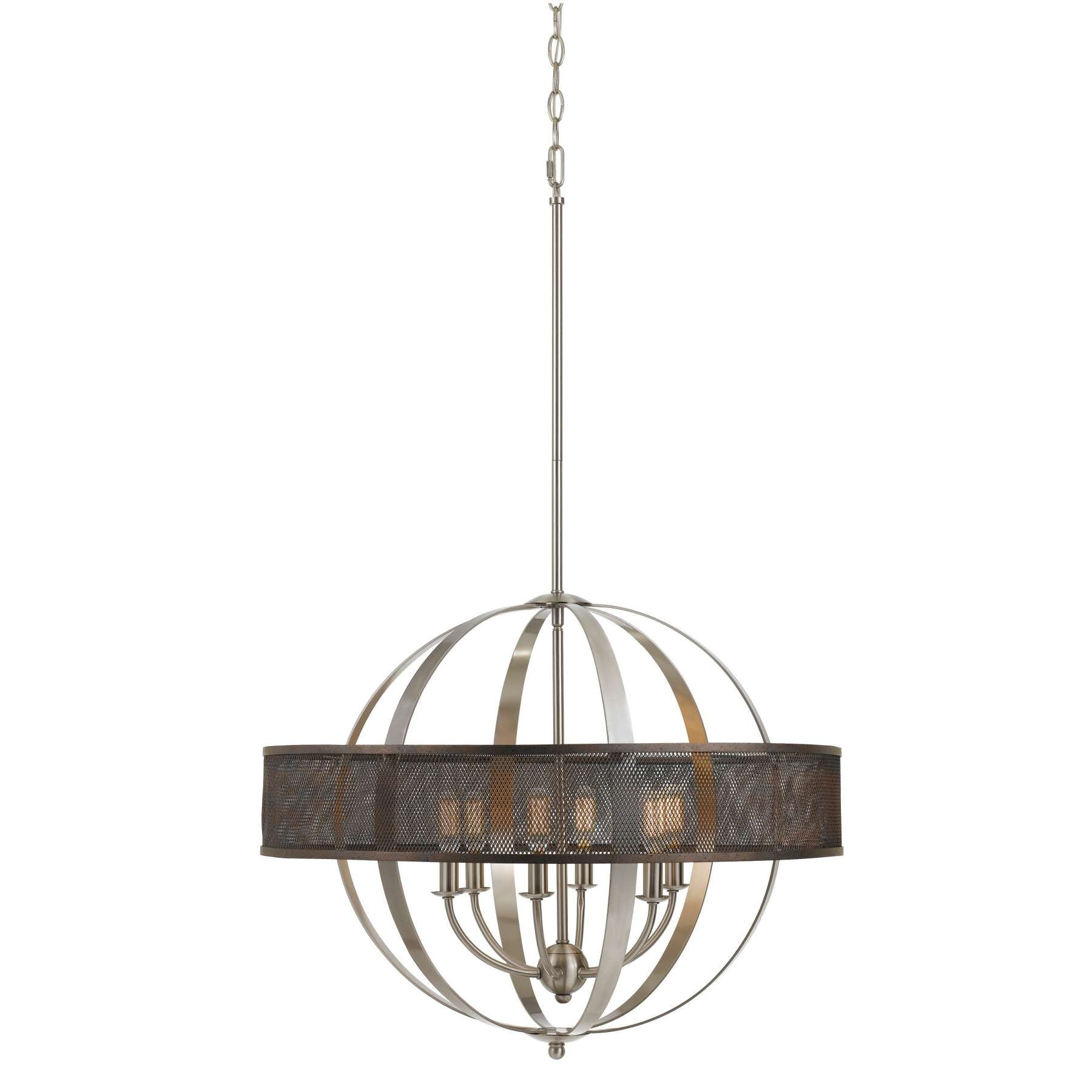 6 Bulb Round Metal Chandelier With Mesh Design, Chrome And Gray By Benzara