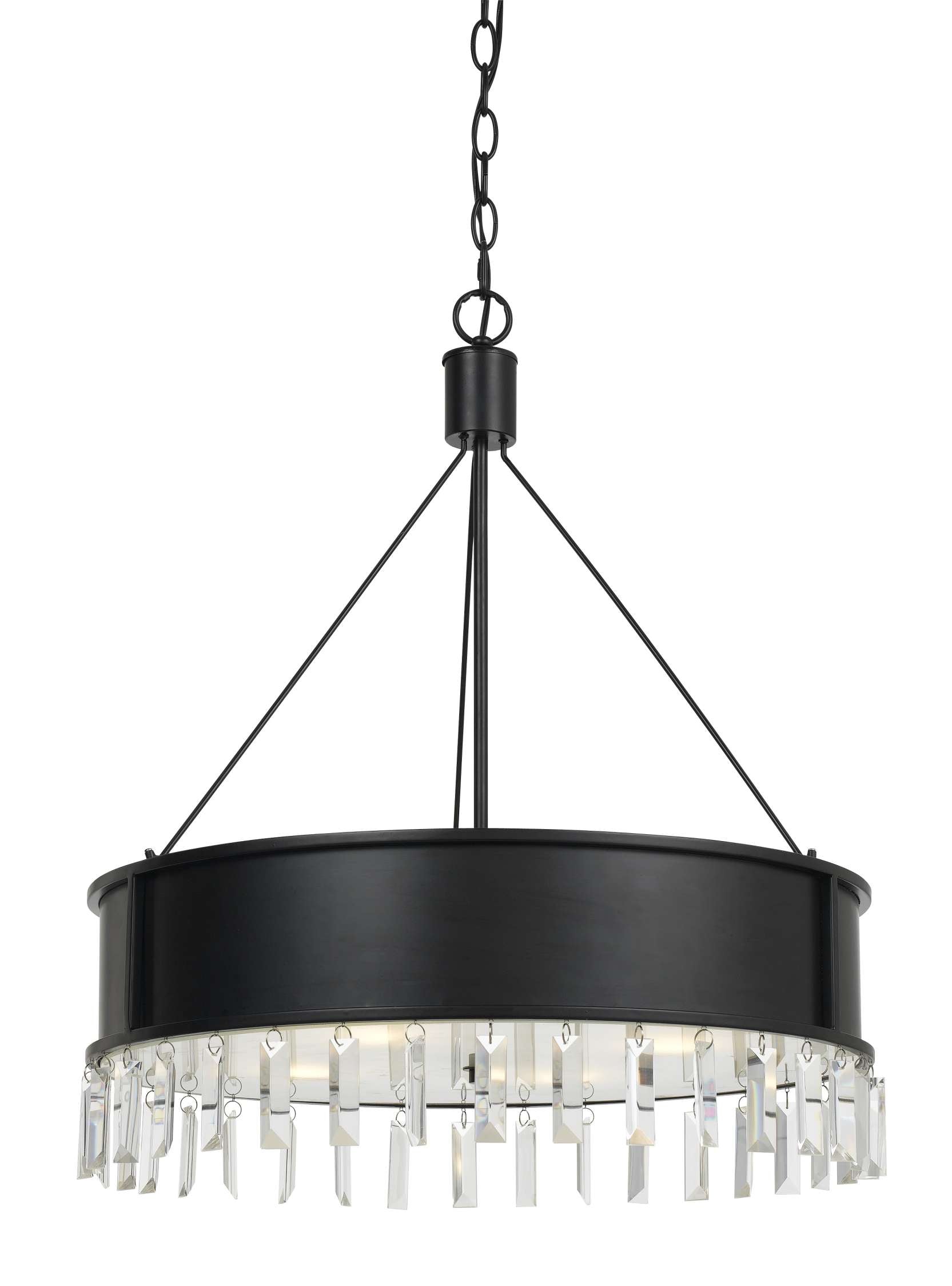 4 Bulb Round Metal Body Chandelier With Hanging Crystal Accents, Black By Benzara